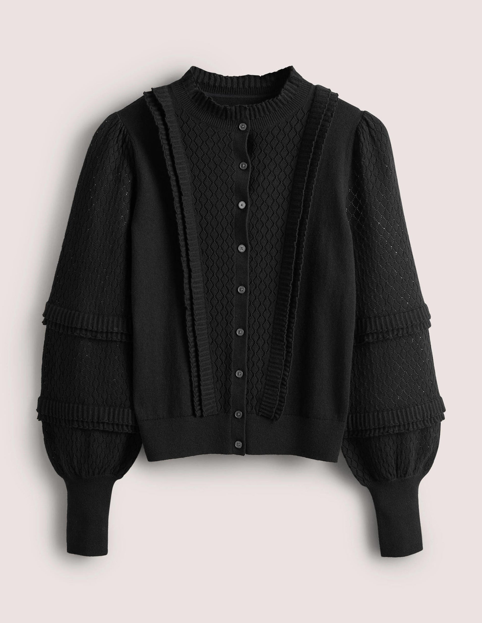 Gerüschter Pointelle-Cardigan-Schwarz-8