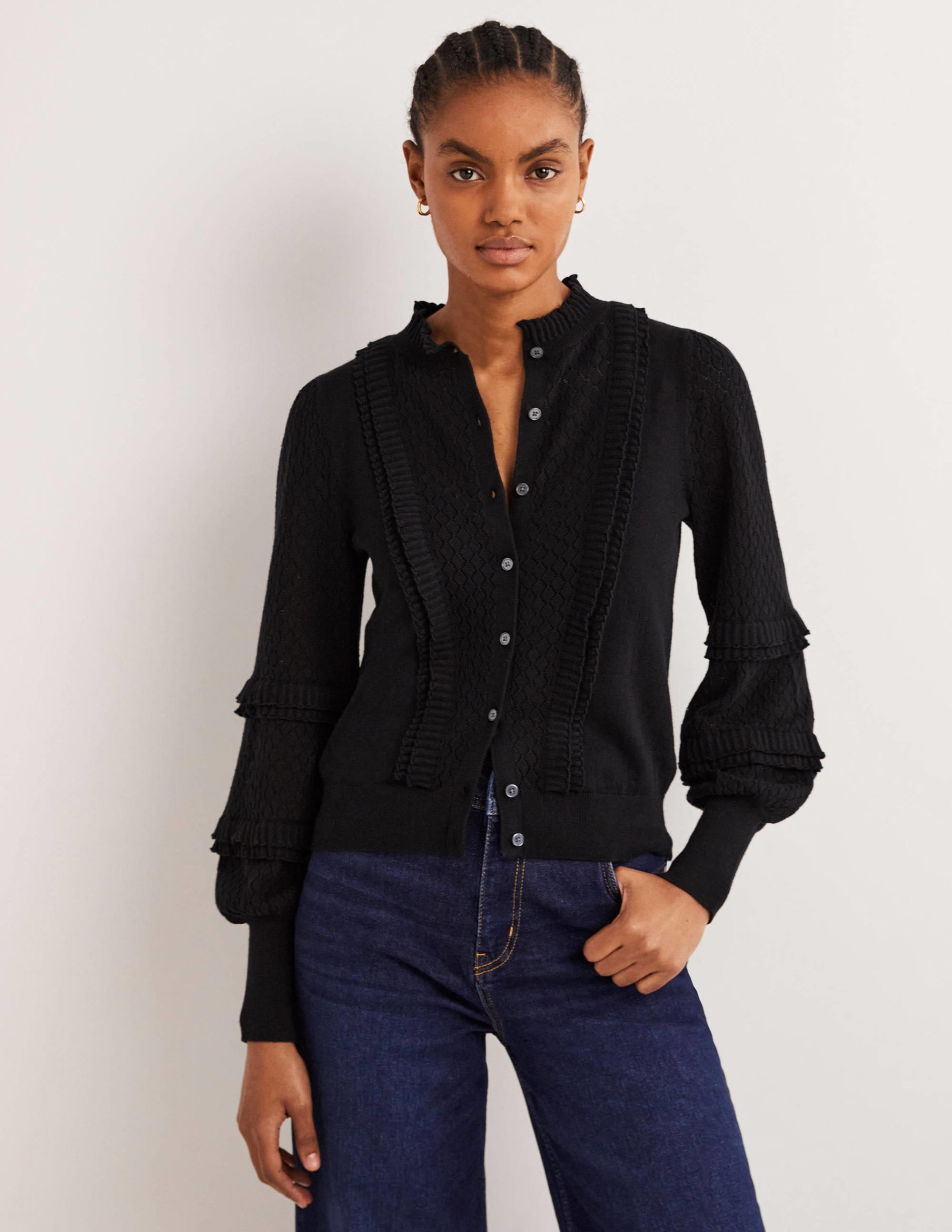 Gerüschter Pointelle-Cardigan-Schwarz - Image 1