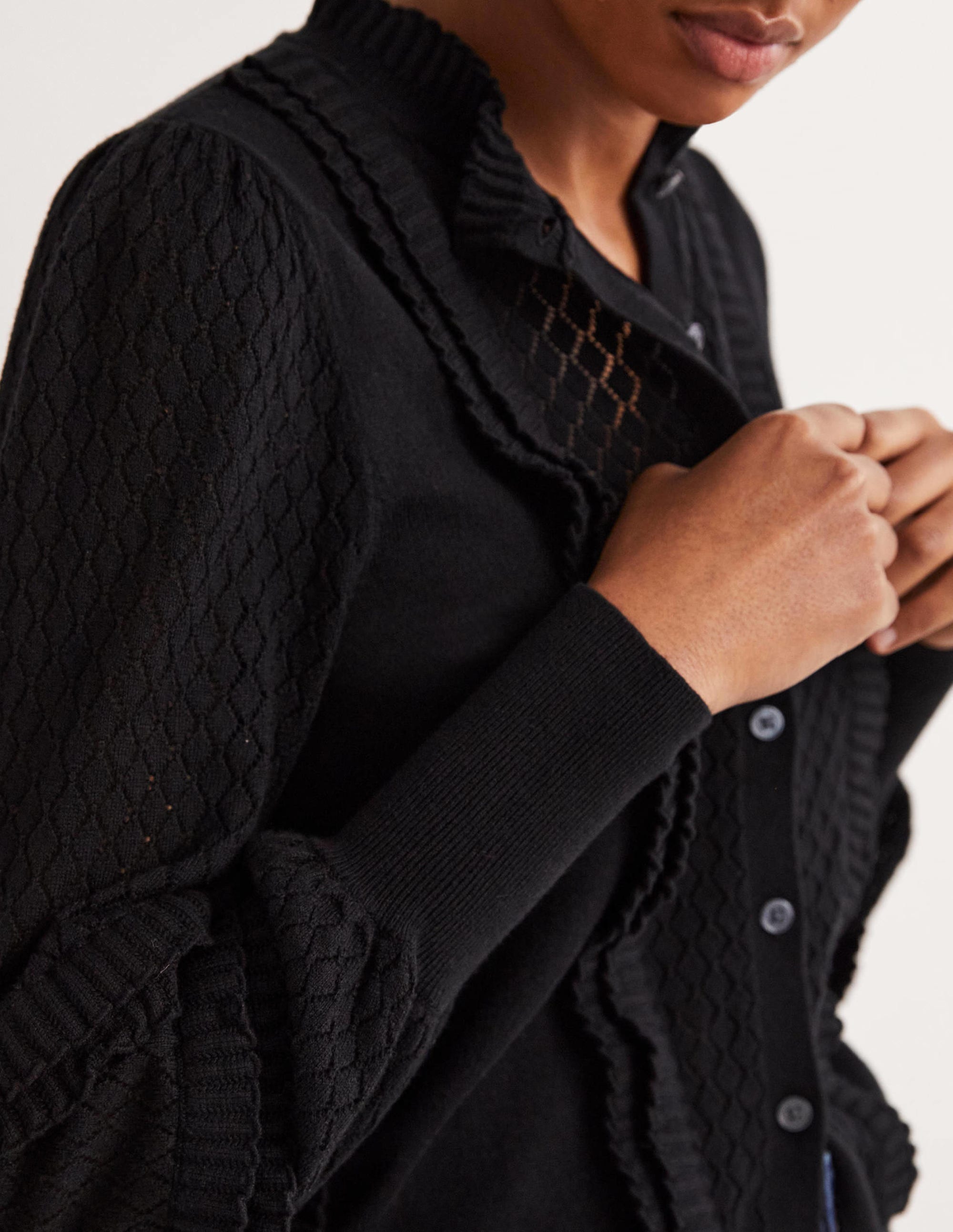 Gerüschter Pointelle-Cardigan-Schwarz - Image 2