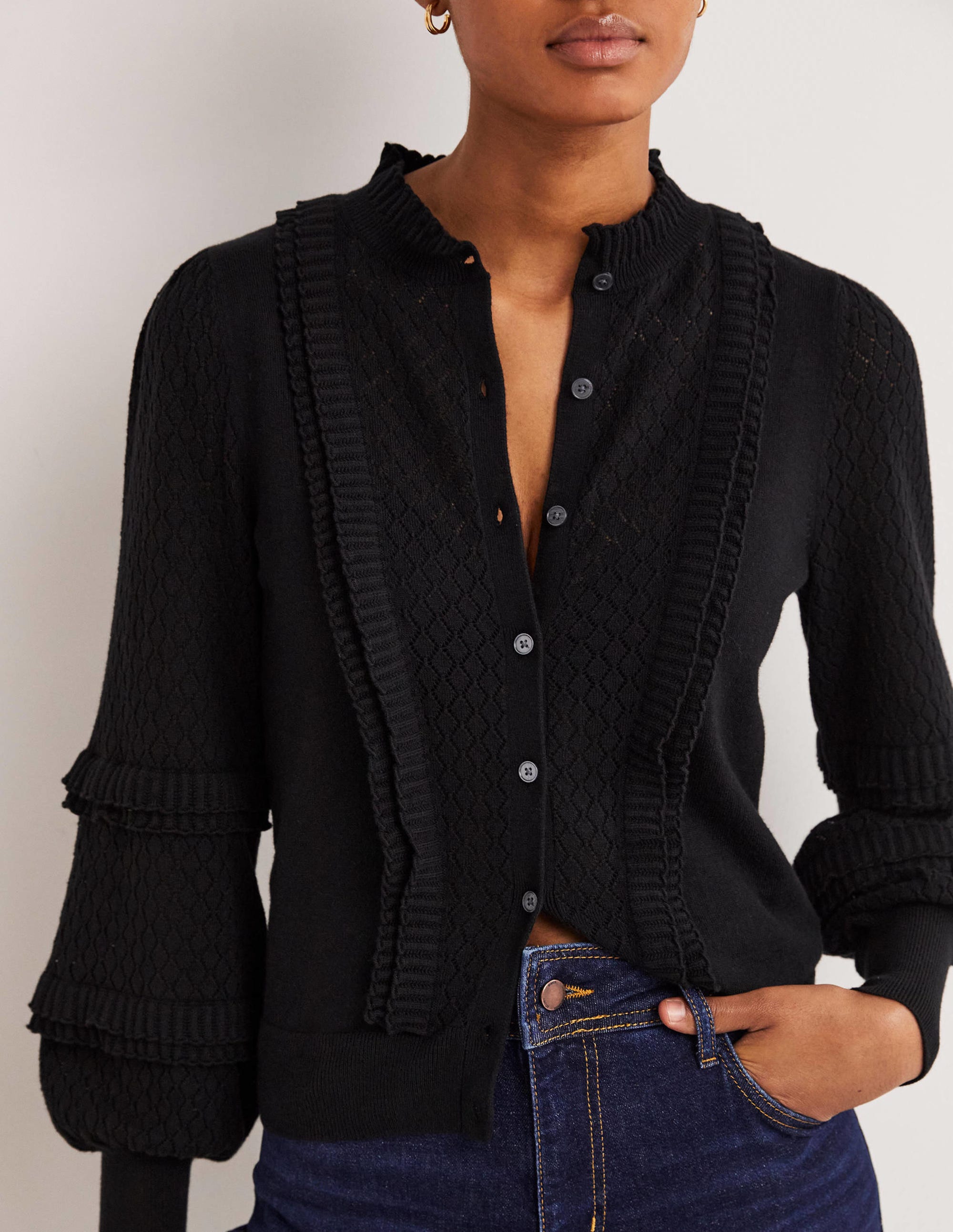 Gerüschter Pointelle-Cardigan-Schwarz - Image 4