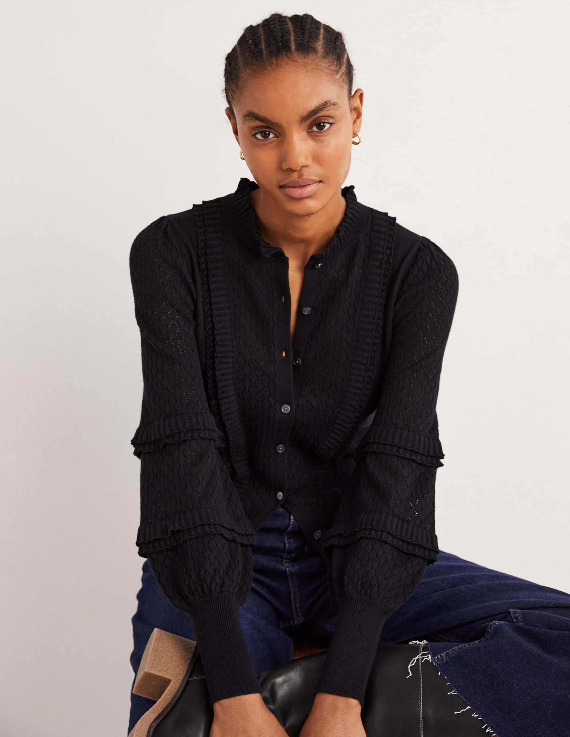 Gerüschter Pointelle-Cardigan-Schwarz - Image 5