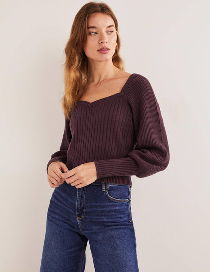 Pull manches blousantes avec encolure en cœur-Violet figue-1