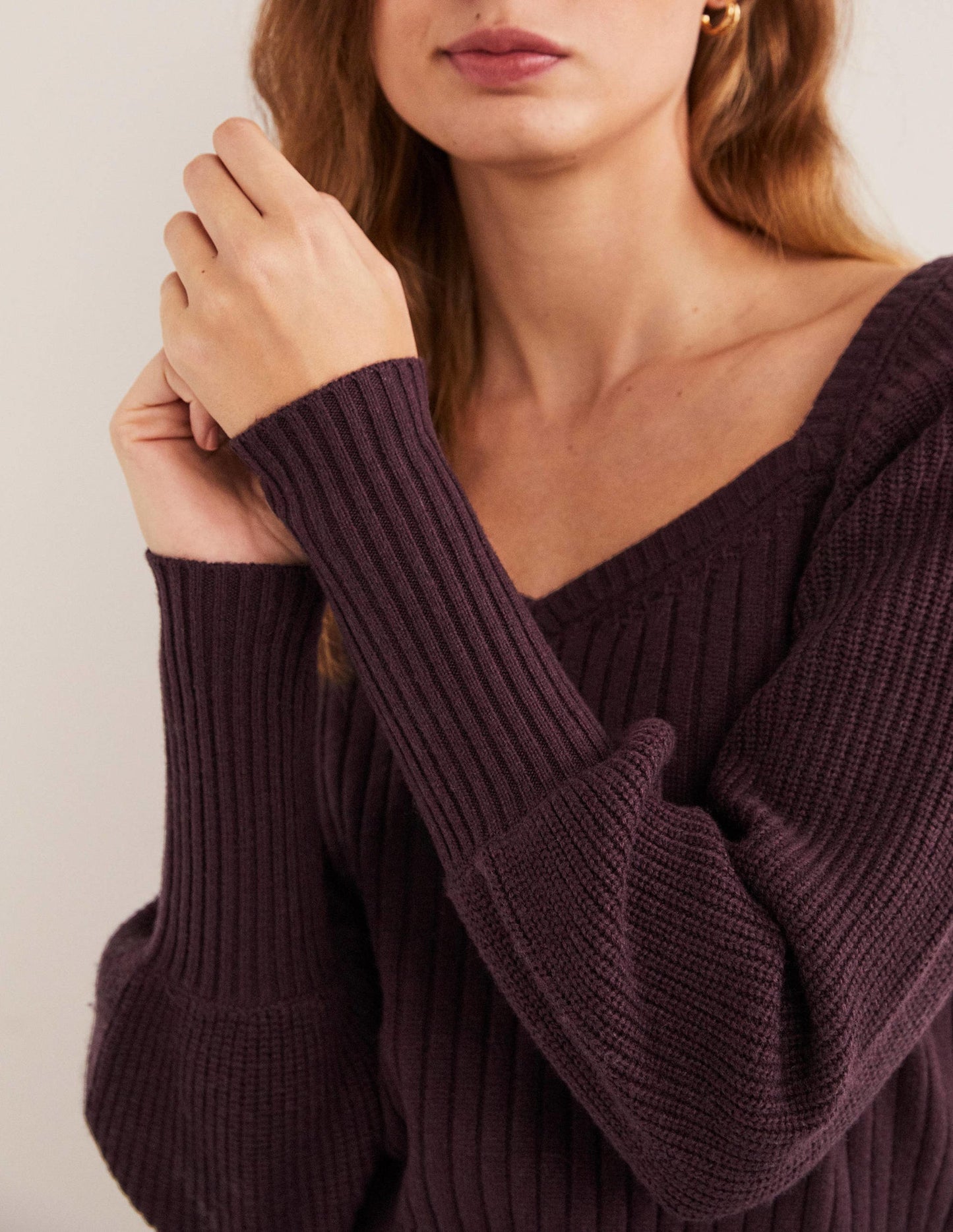 Pull manches blousantes avec encolure en cœur-Violet figue