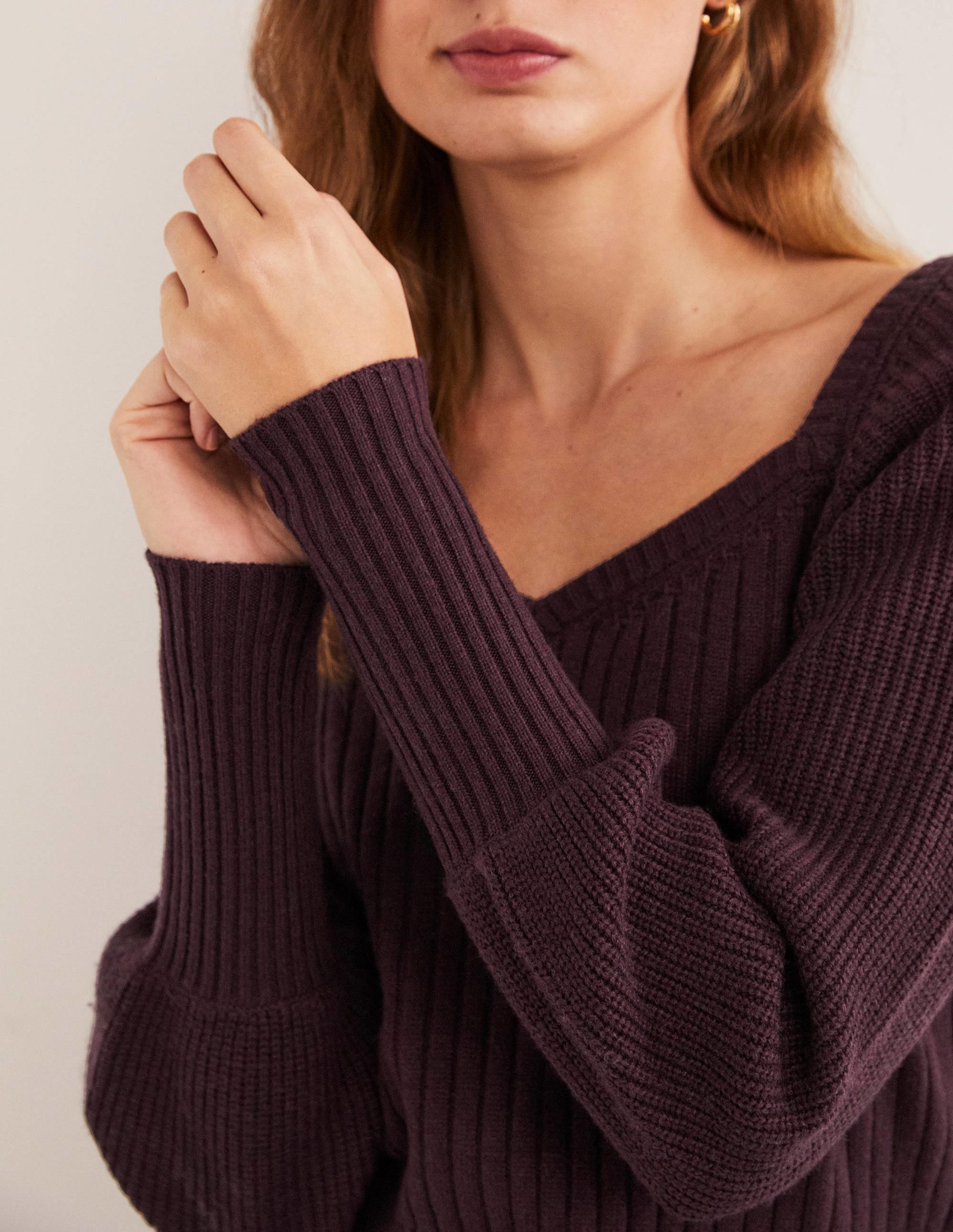 Pull manches blousantes avec encolure en cœur-Violet figue - Image 2