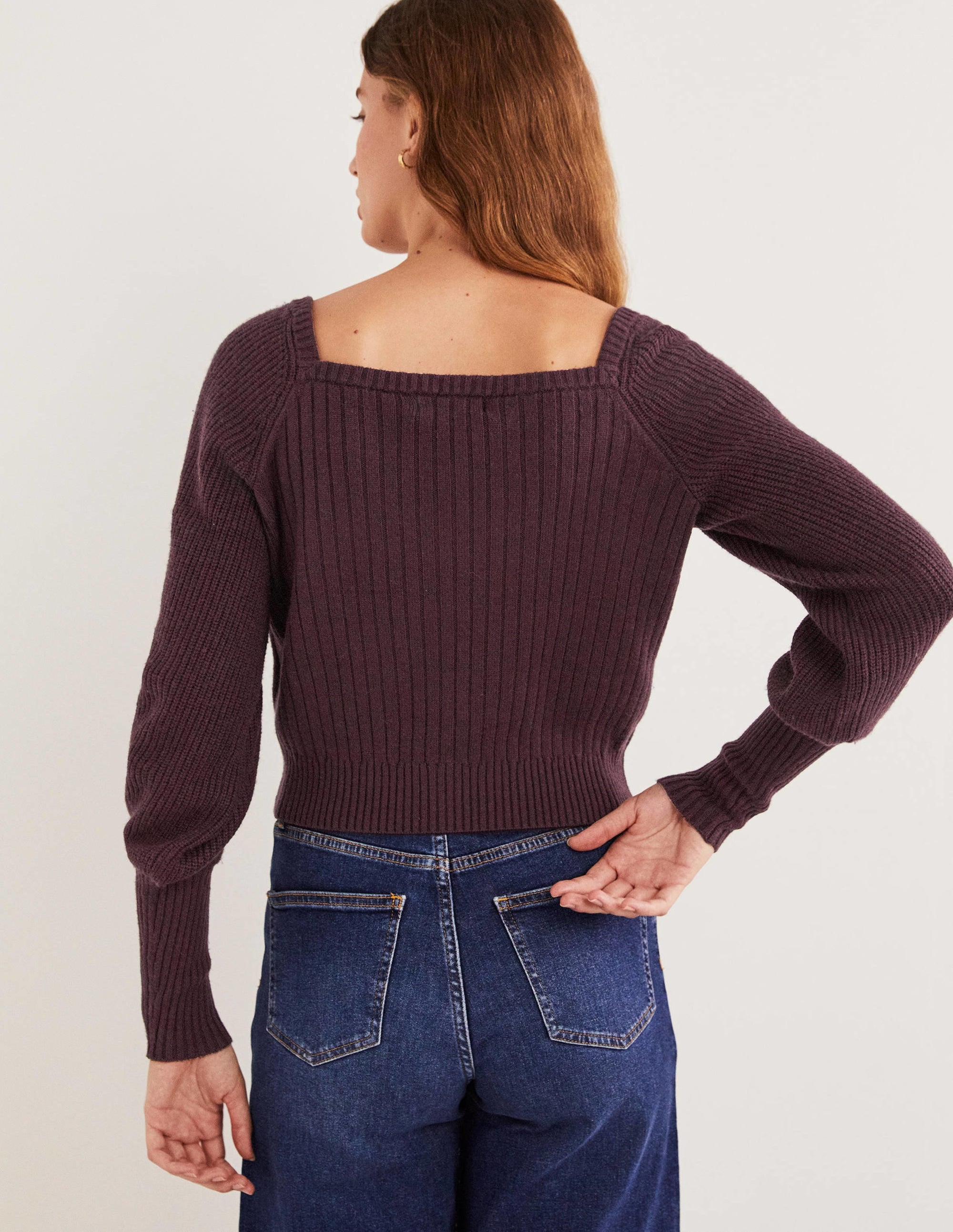 Pull manches blousantes avec encolure en cœur-Violet figue - Image 3