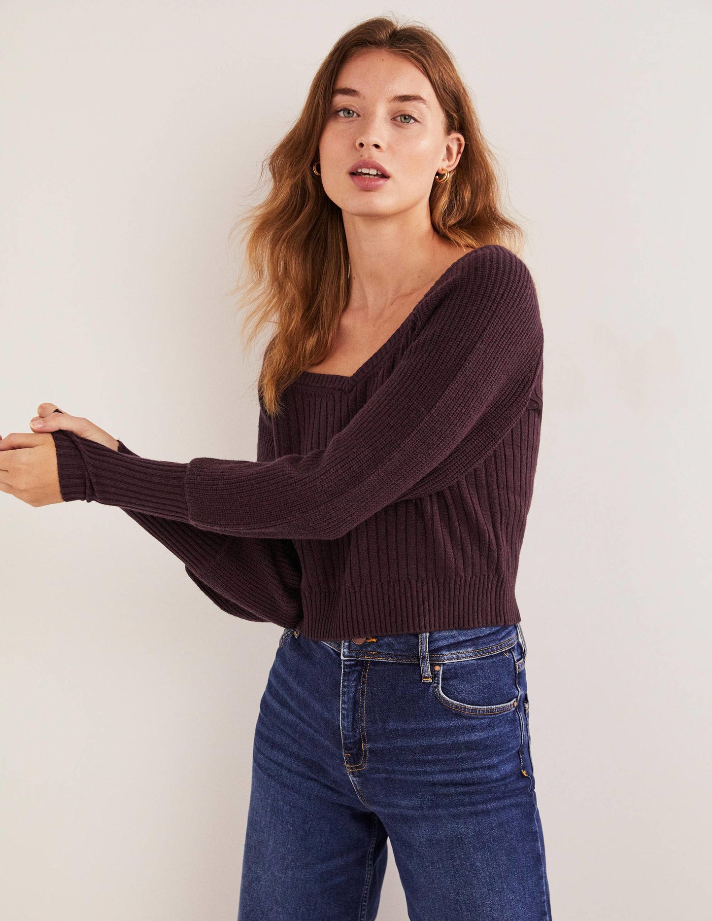 Pull manches blousantes avec encolure en cœur-Violet figue