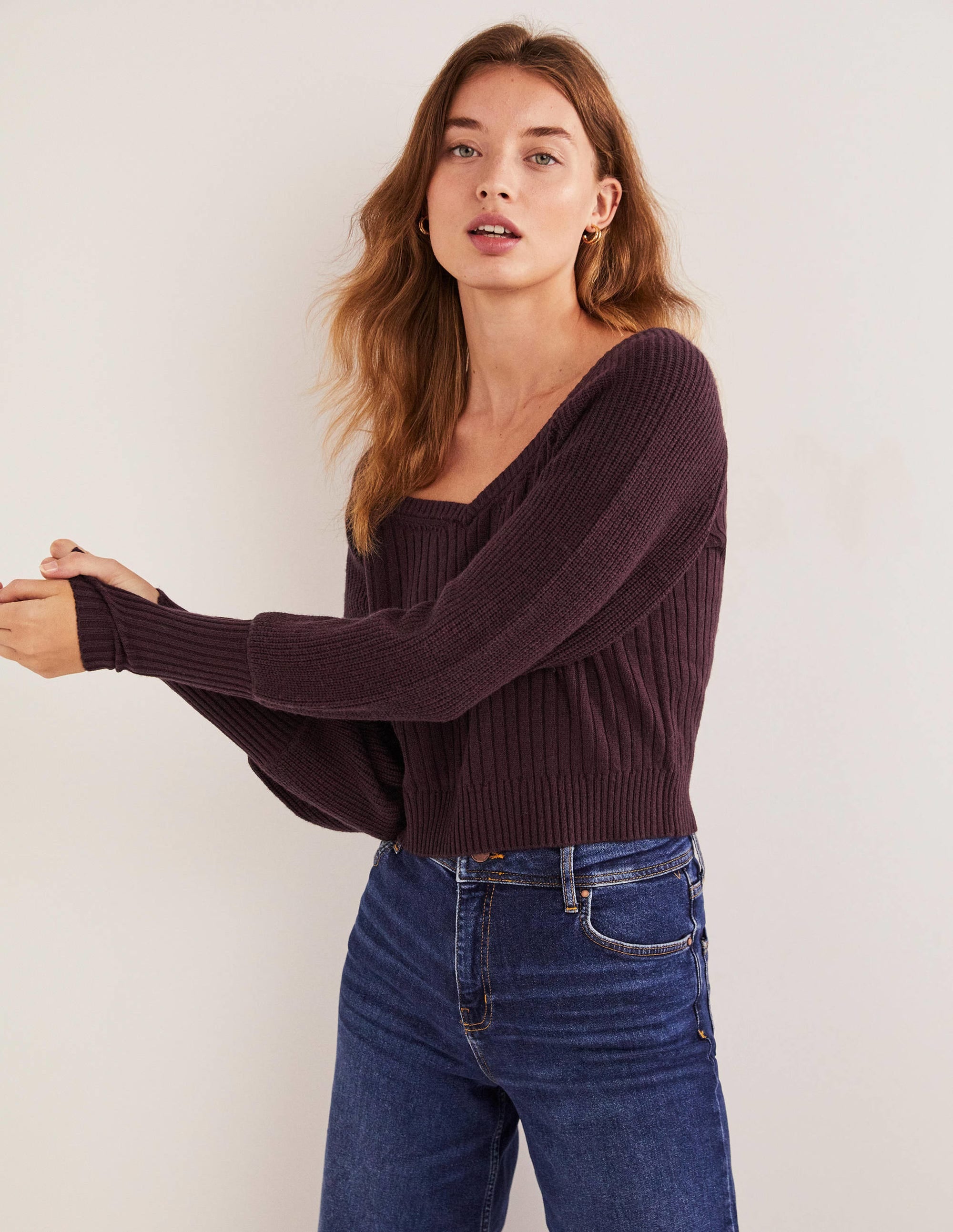 Pull manches blousantes avec encolure en cœur-Violet figue - Image 4