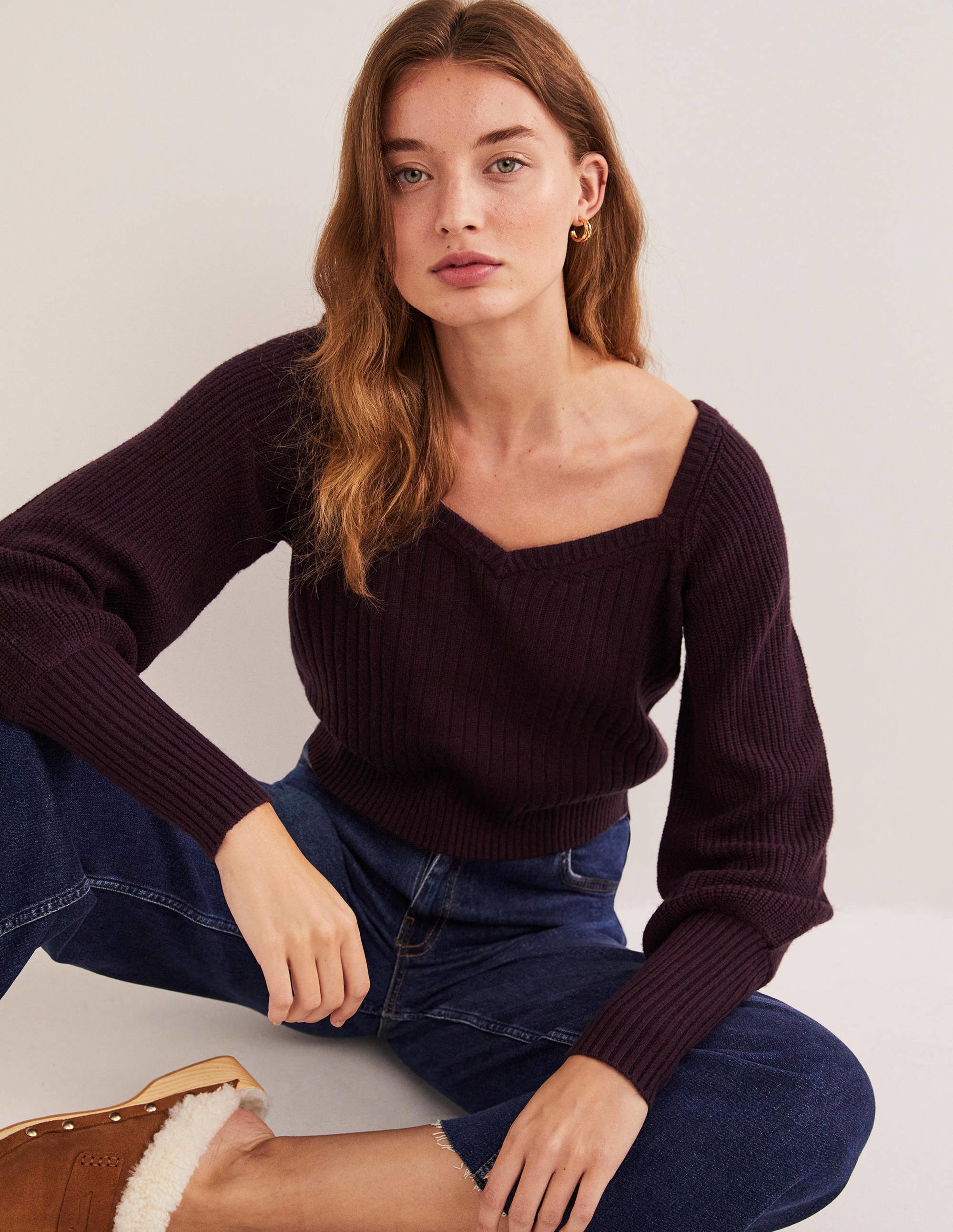 Pull manches blousantes avec encolure en cœur-Violet figue - Image 5
