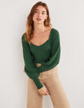 Pull manches blousantes avec encolure en cœur-Vert chasseur