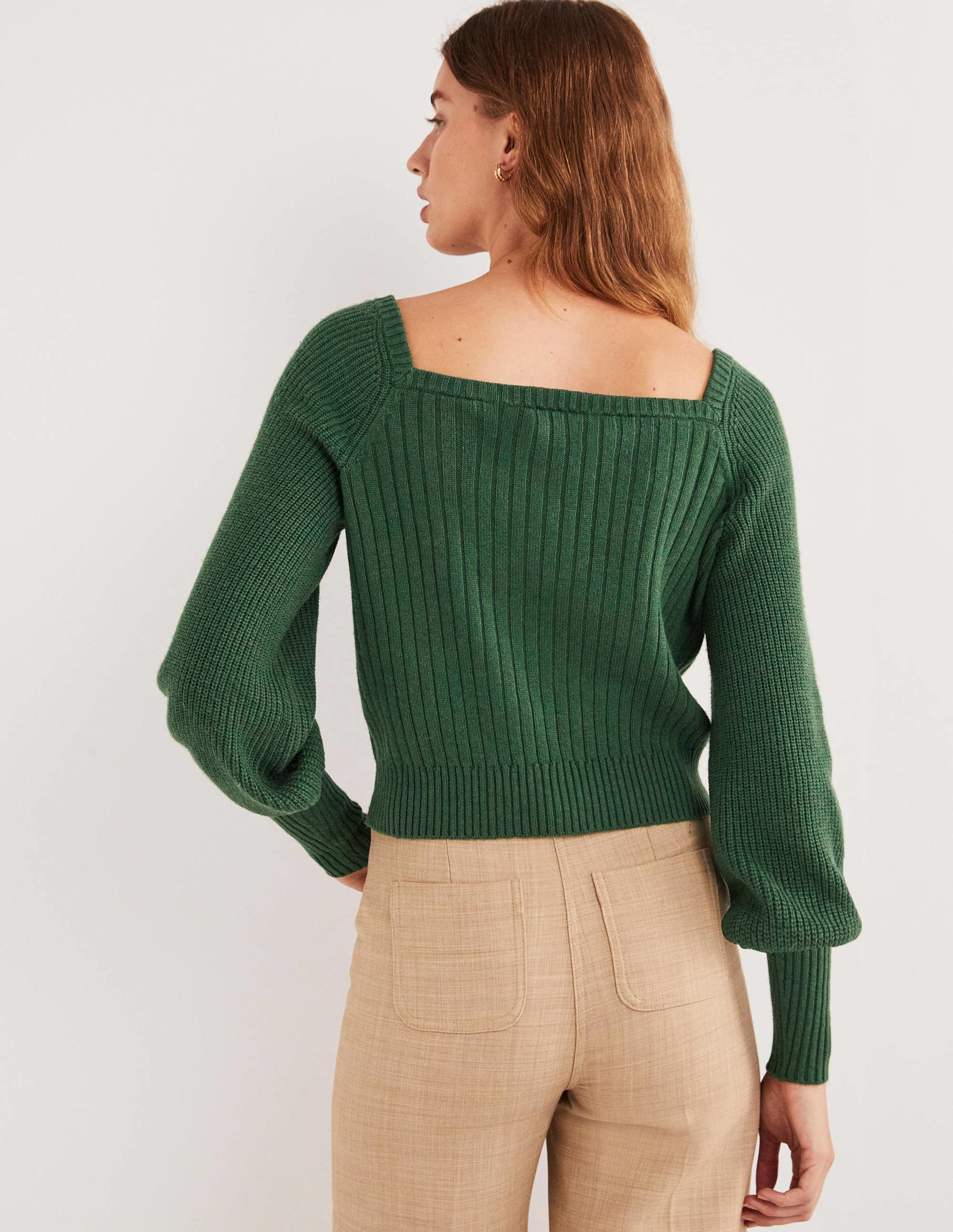 Pull manches blousantes avec encolure en cœur-Vert chasseur - Image 3