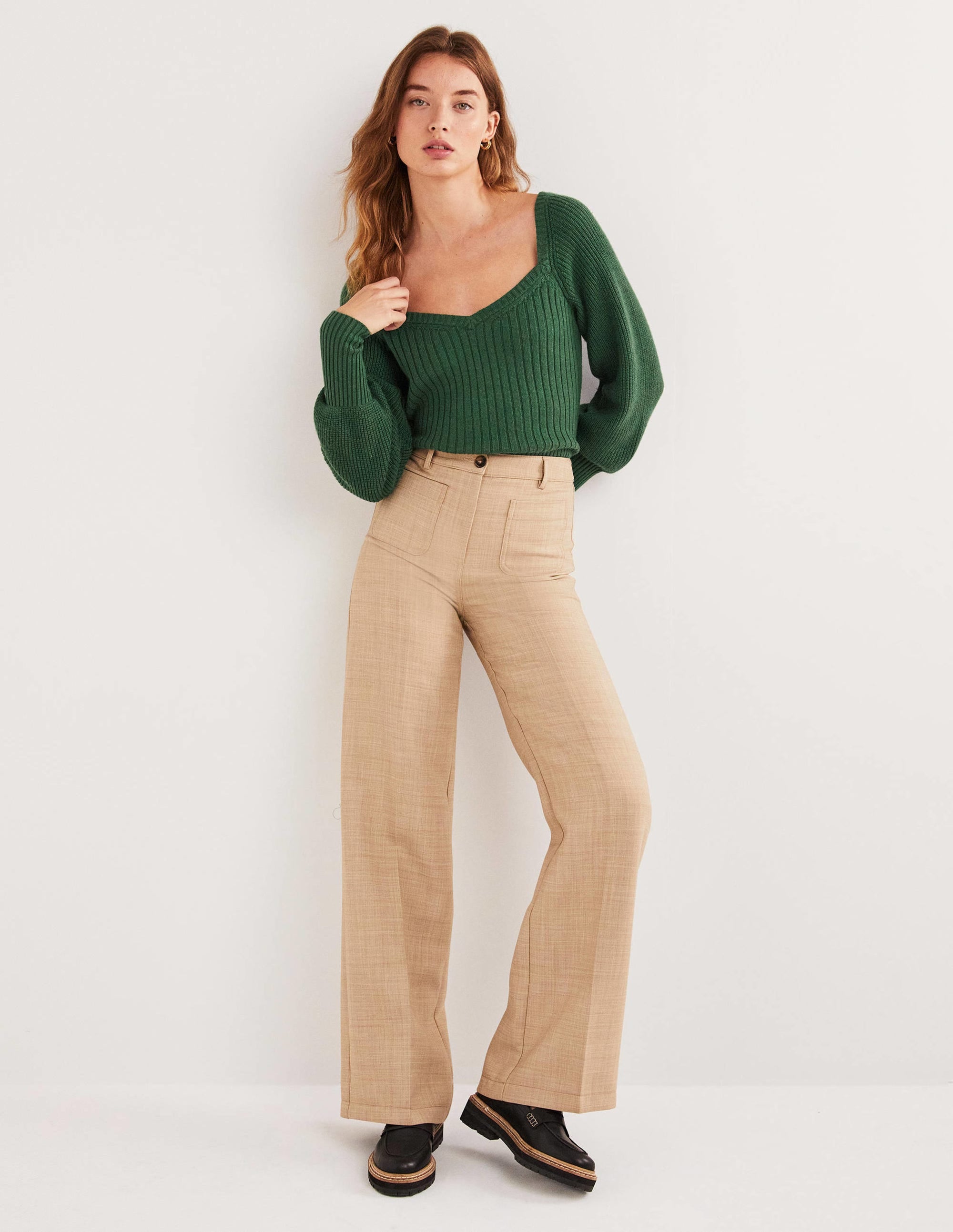 Pull manches blousantes avec encolure en cœur-Vert chasseur - Image 4