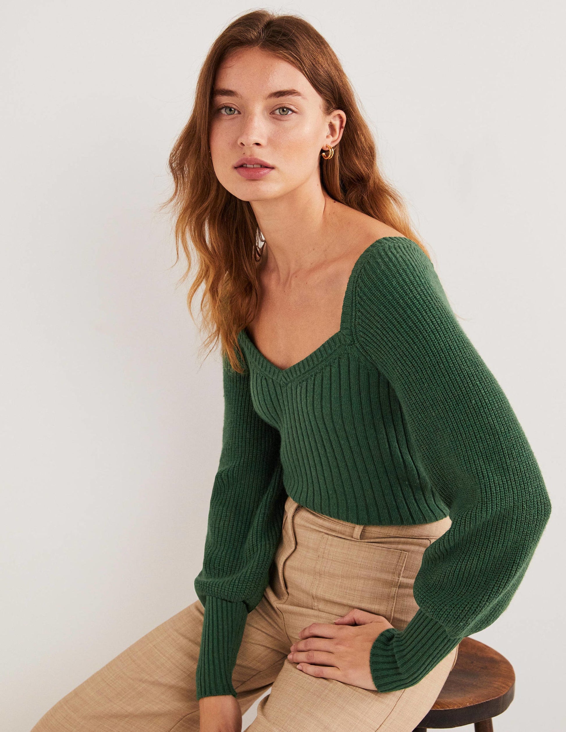 Pull manches blousantes avec encolure en cœur-Vert chasseur-5