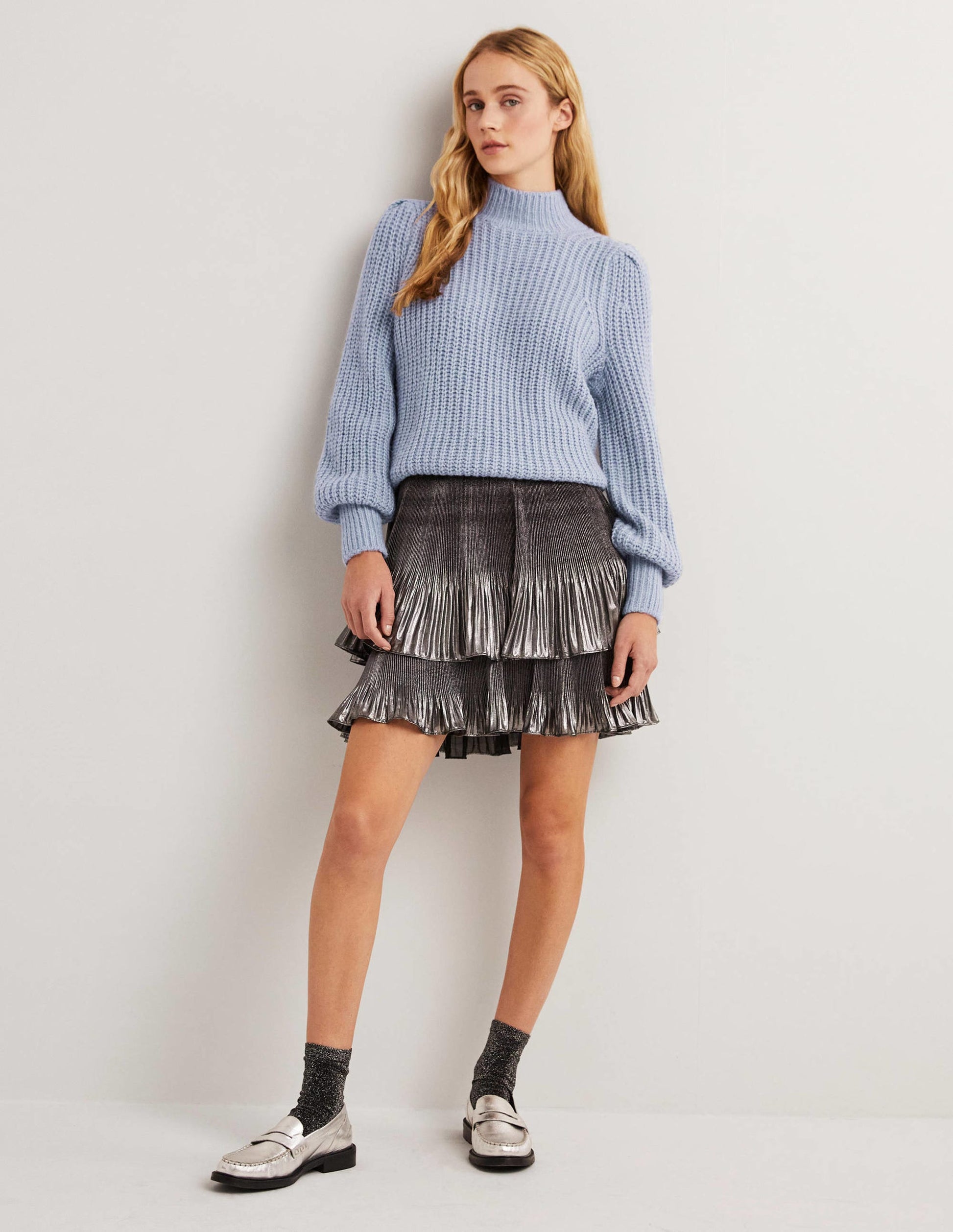 Ribbed Fluffy High Neck Jumper-Corporal Blue Melange-4