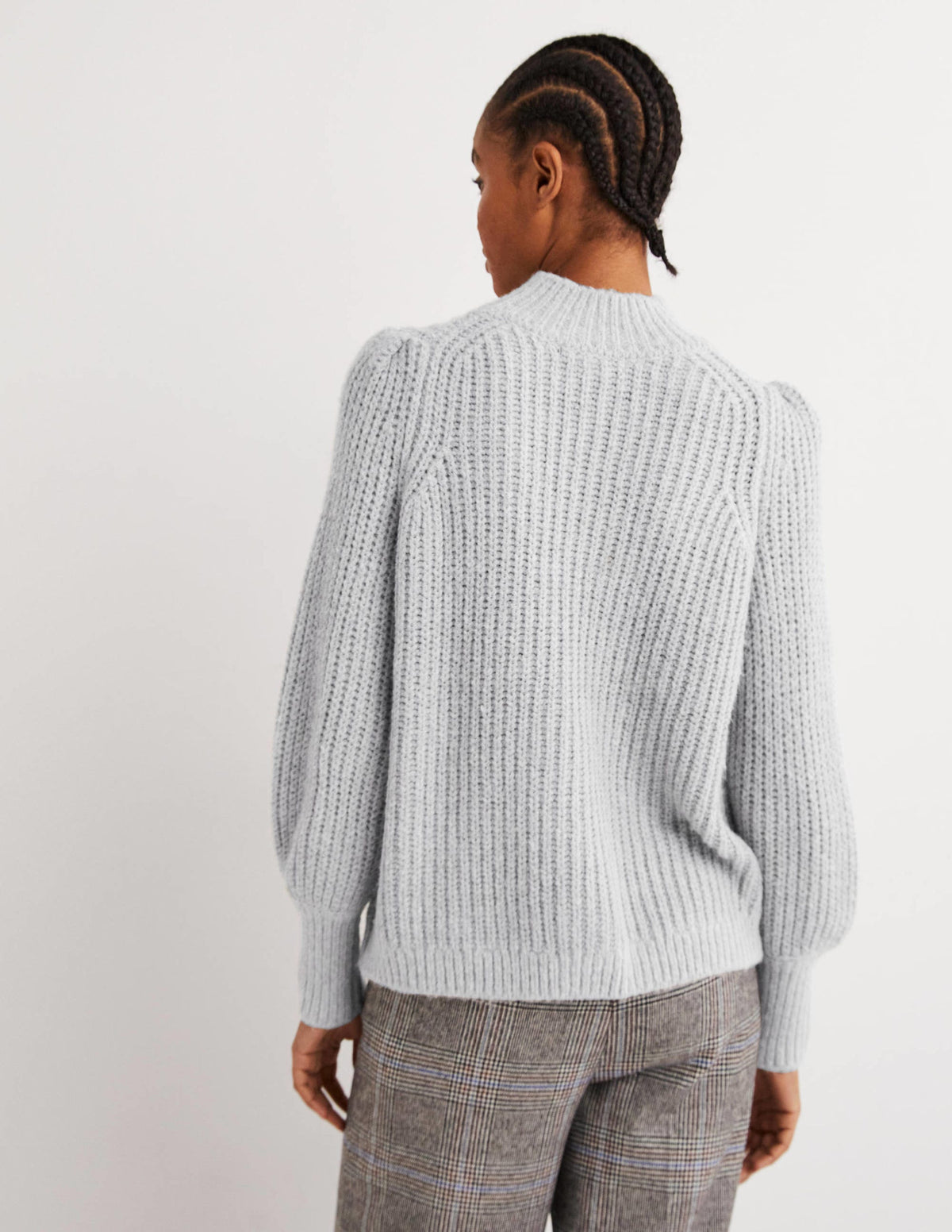 Flauschiger Rippstrickpullover mit hohem Kragen-Grau Melange - Image 3