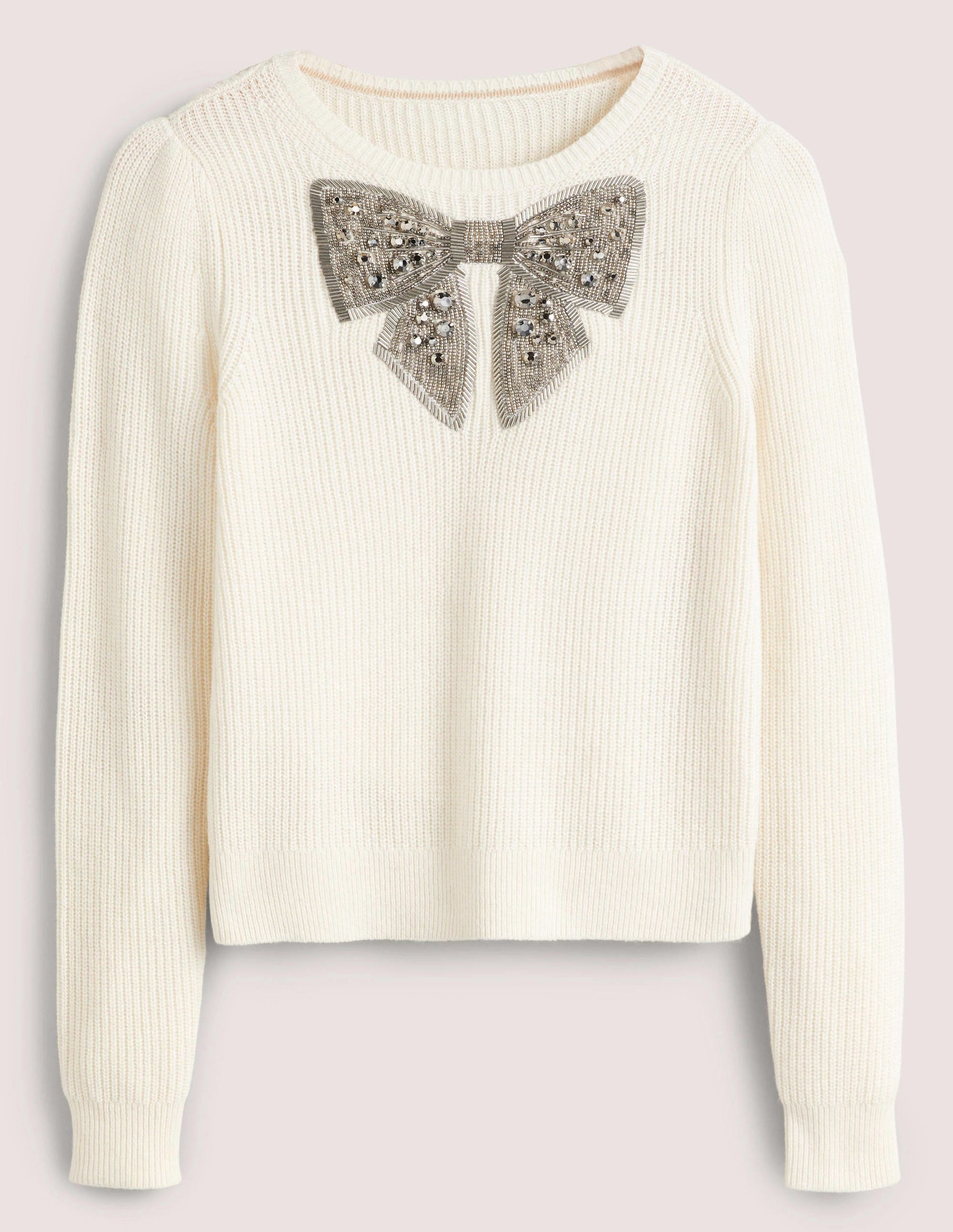 Cream Embellished Bow Ribbed Jumper-Warmes Naturweiß, Schleife mit Schmucksteinen-6