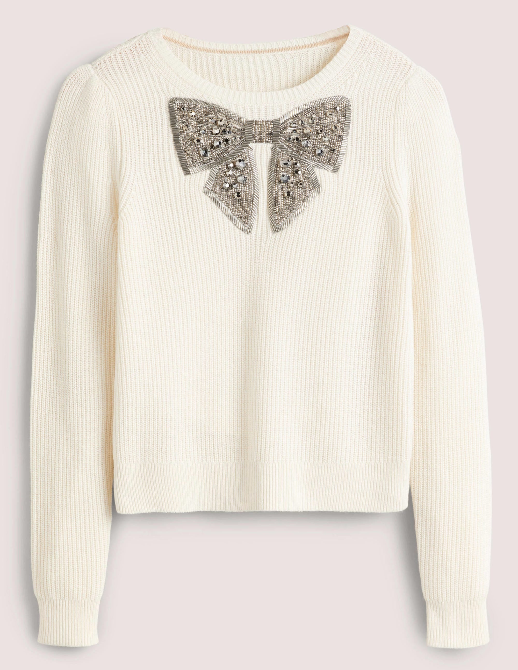 Cream Embellished Bow Ribbed Jumper-Warmes Naturweiß, Schleife mit Schmucksteinen - Image 6