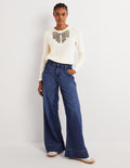 Cream Embellished Bow Ribbed Jumper-Warmes Naturweiß, Schleife mit Schmucksteinen