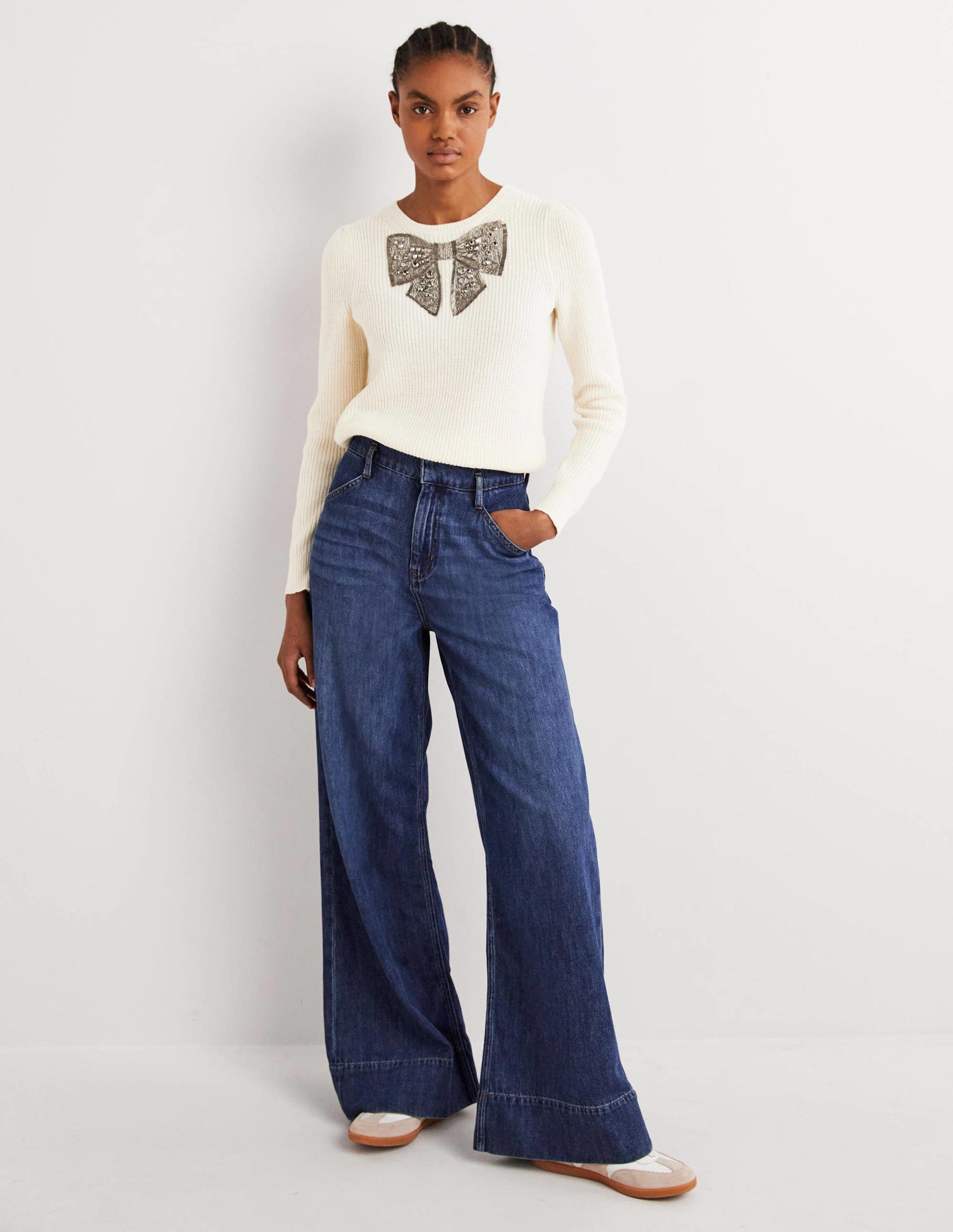 Cream Embellished Bow Ribbed Jumper-Warmes Naturweiß, Schleife mit Schmucksteinen-1