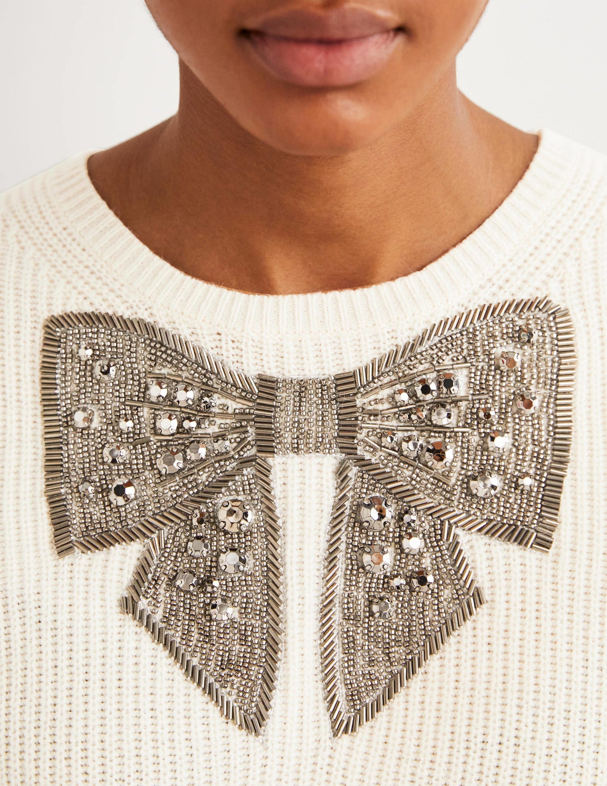 Cream Embellished Bow Ribbed Jumper-Warmes Naturweiß, Schleife mit Schmucksteinen-2