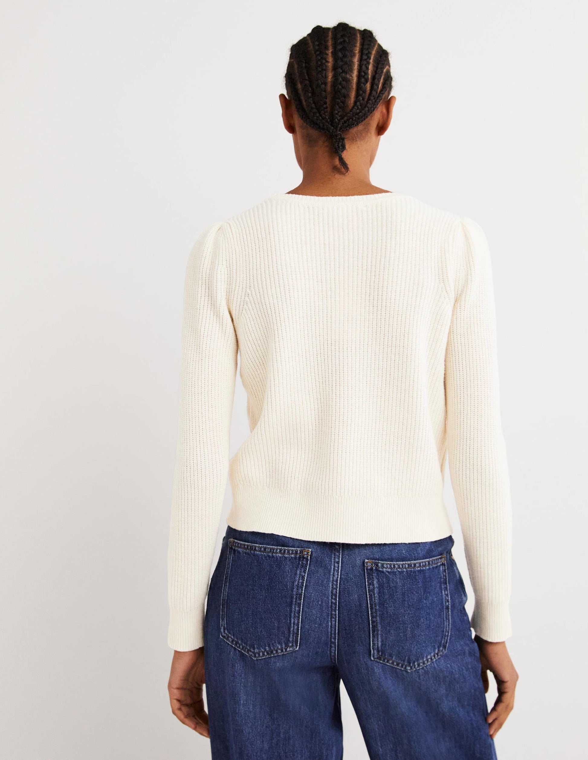 Cream Embellished Bow Ribbed Jumper-Warmes Naturweiß, Schleife mit Schmucksteinen-3