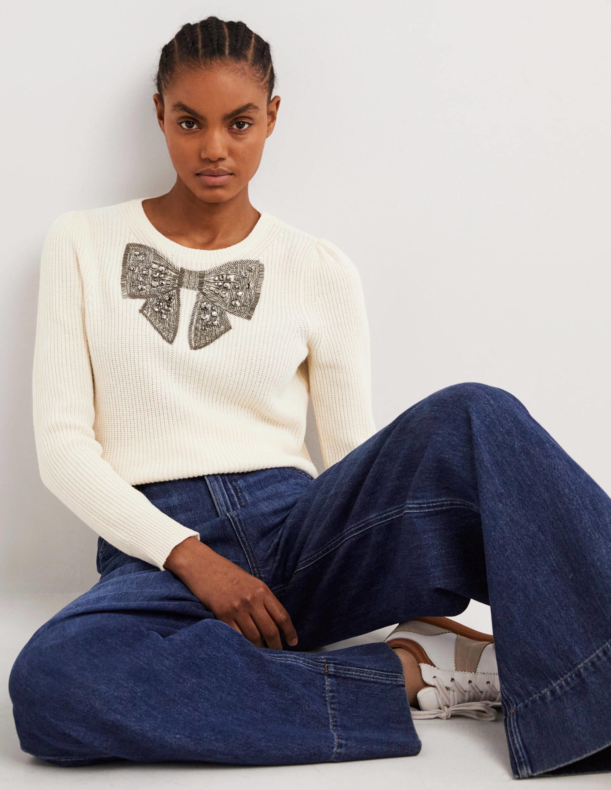 Cream Embellished Bow Ribbed Jumper-Warmes Naturweiß, Schleife mit Schmucksteinen - Image 4