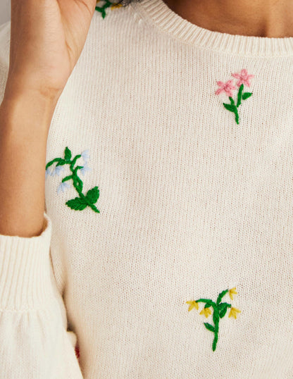 Bestickter Strickpullover-Warmes Naturweiß, Blumenstickerei