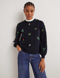 Embroidered Knitted Jumper-Navy, Flower Embroidery