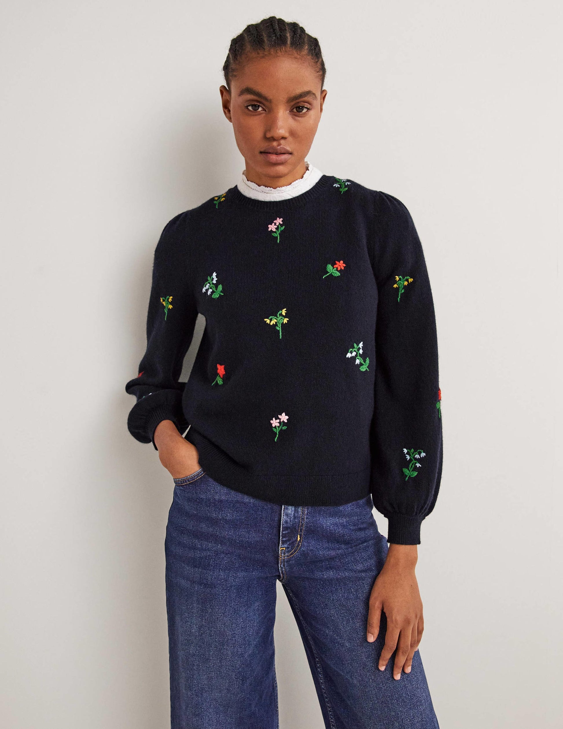 Embroidered Knitted Jumper-Navy, Flower Embroidery-1