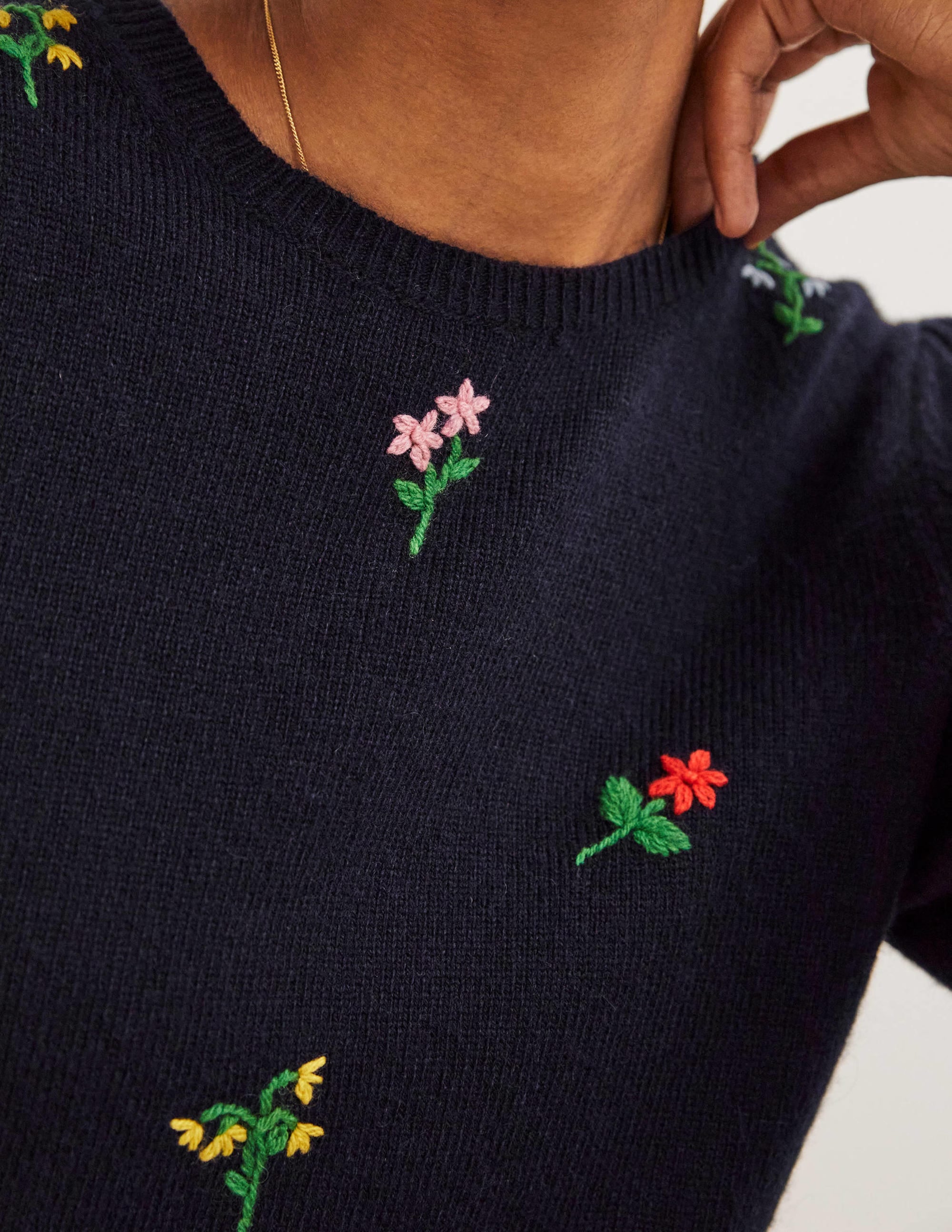 Embroidered Knitted Jumper-Navy, Flower Embroidery - Image 2