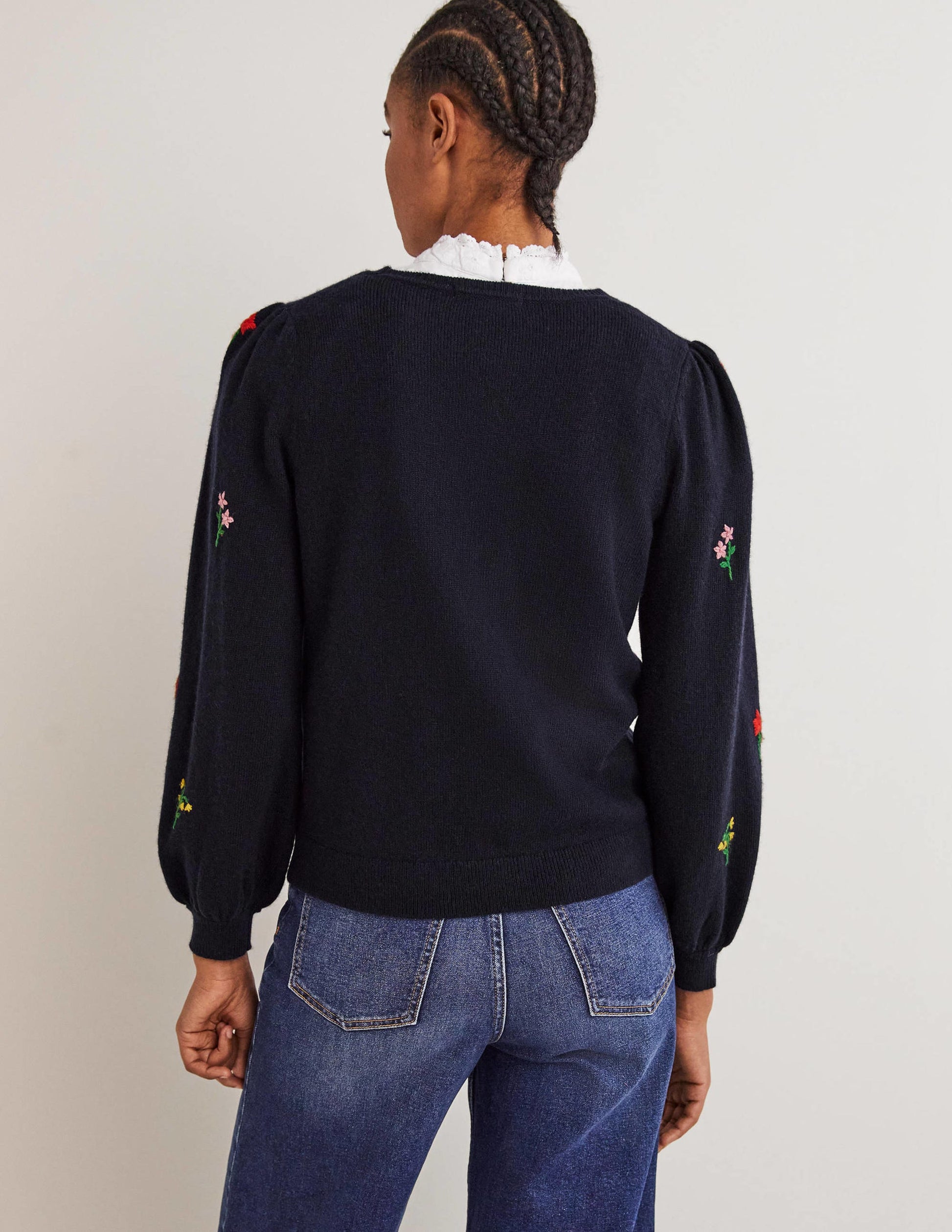 Embroidered Knitted Jumper-Navy, Flower Embroidery-3