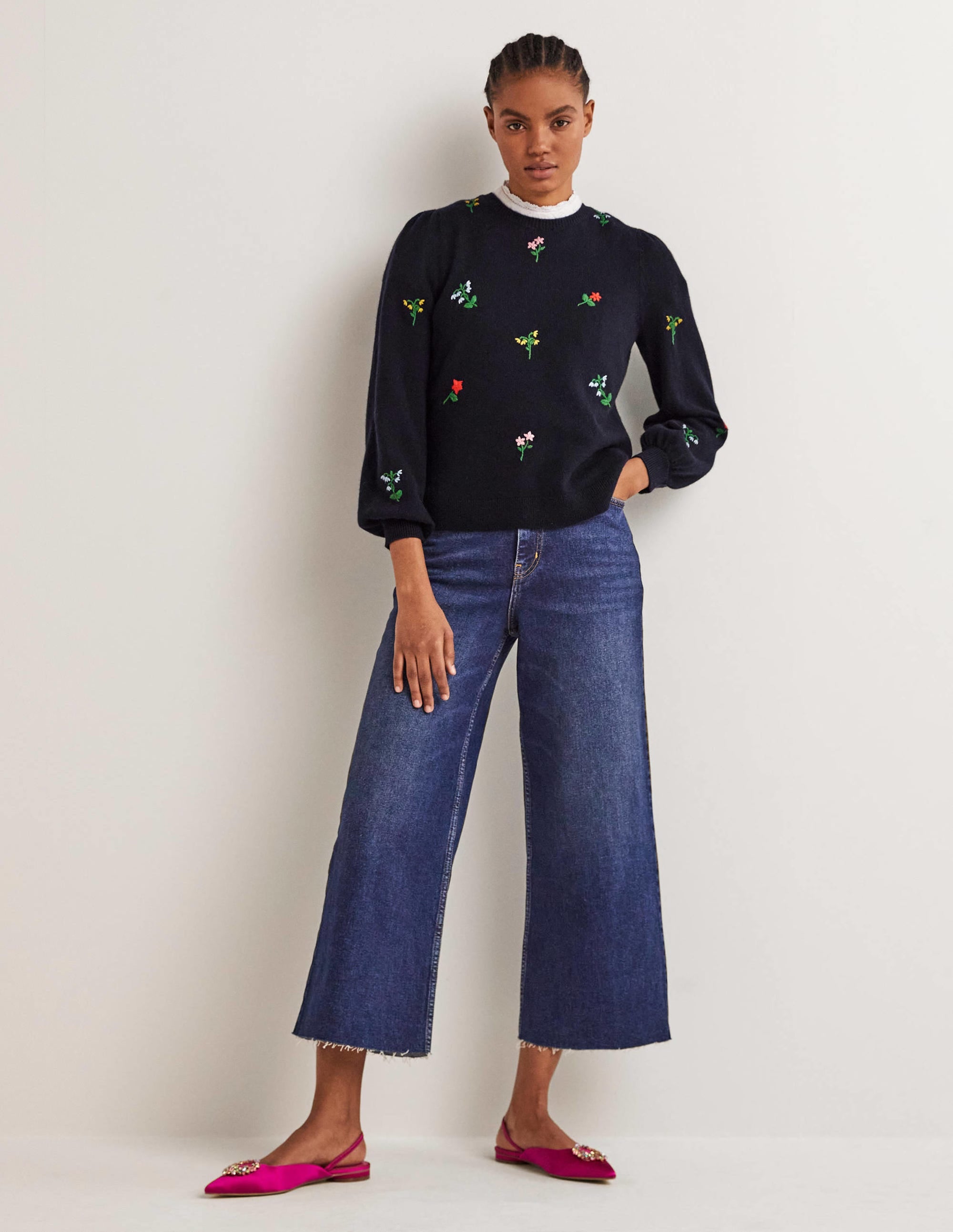 Embroidered Knitted Jumper-Navy, Flower Embroidery - Image 4