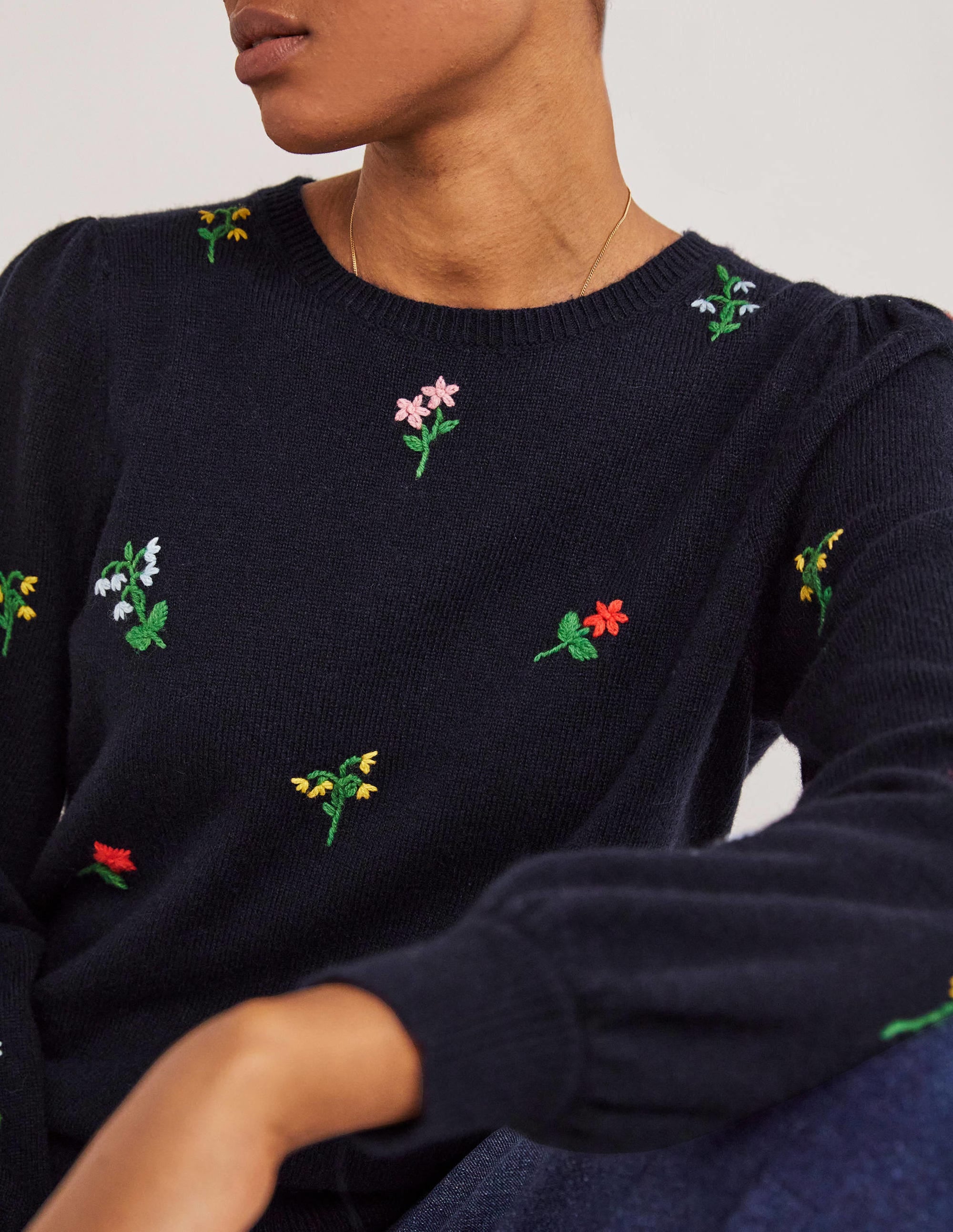 Embroidered Knitted Jumper-Navy, Flower Embroidery - Image 5