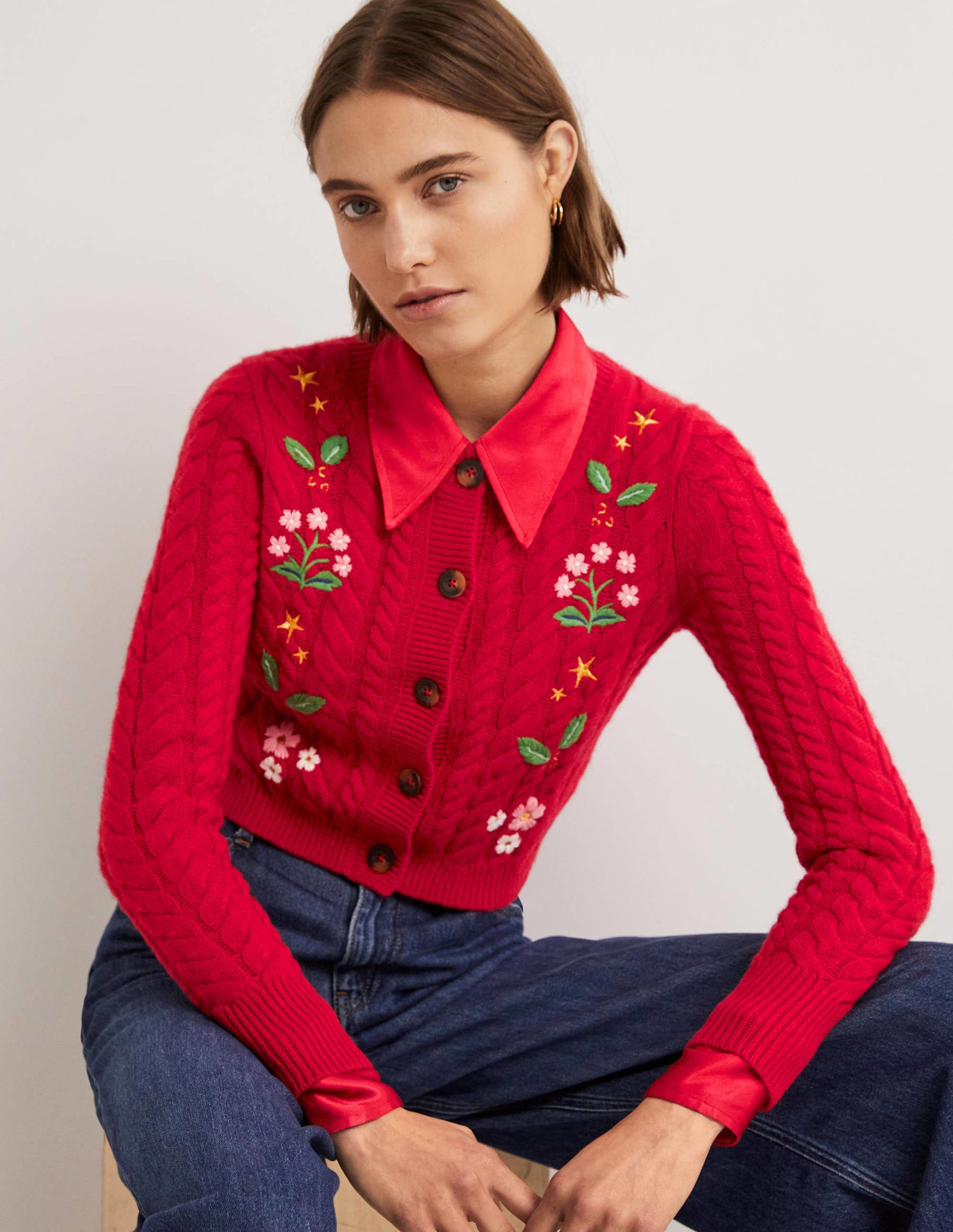 Embroidered Cropped Cardigan-Rockabilly Red Embroidery-1
