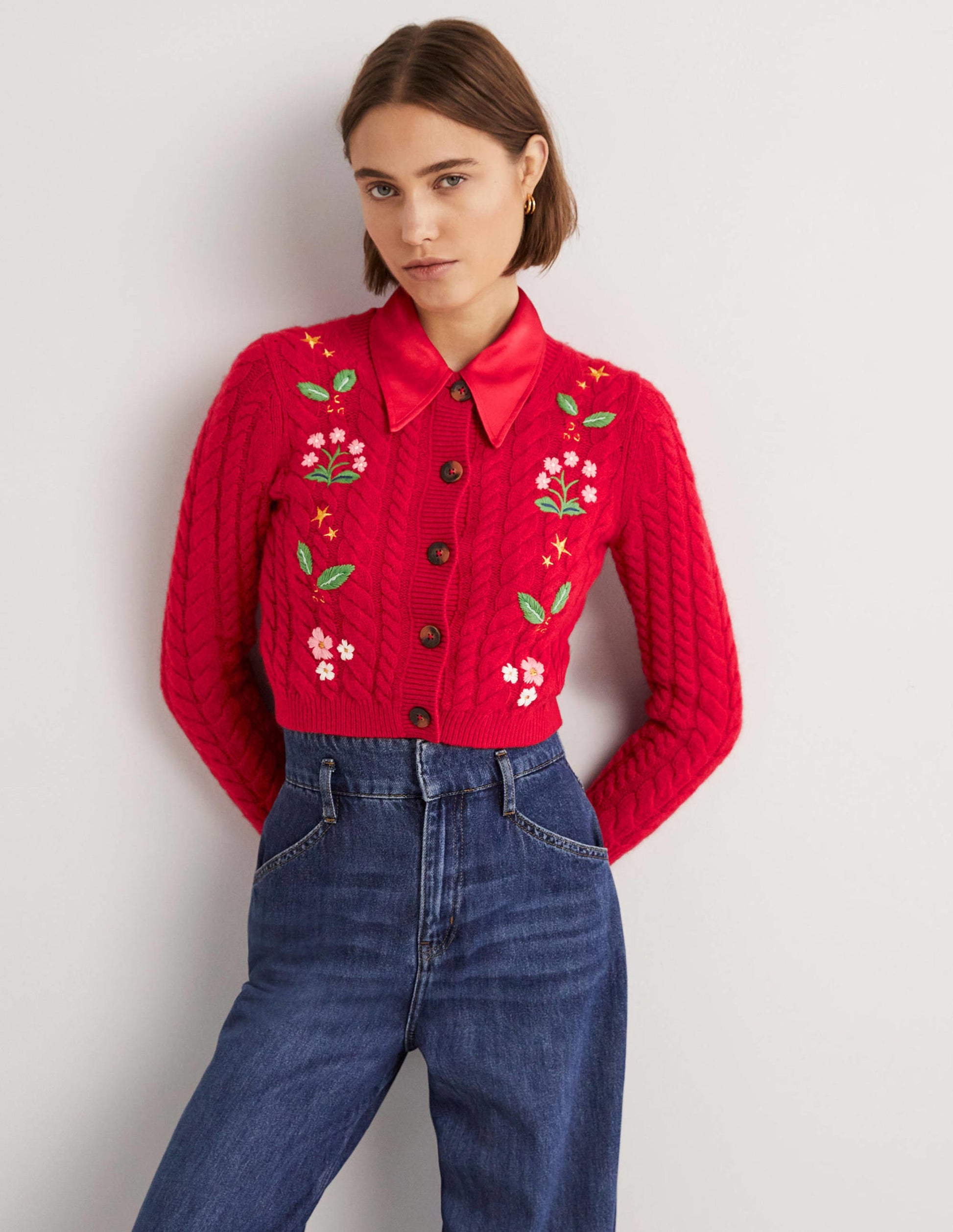 Embroidered Cropped Cardigan-Rockabilly Red Embroidery-5