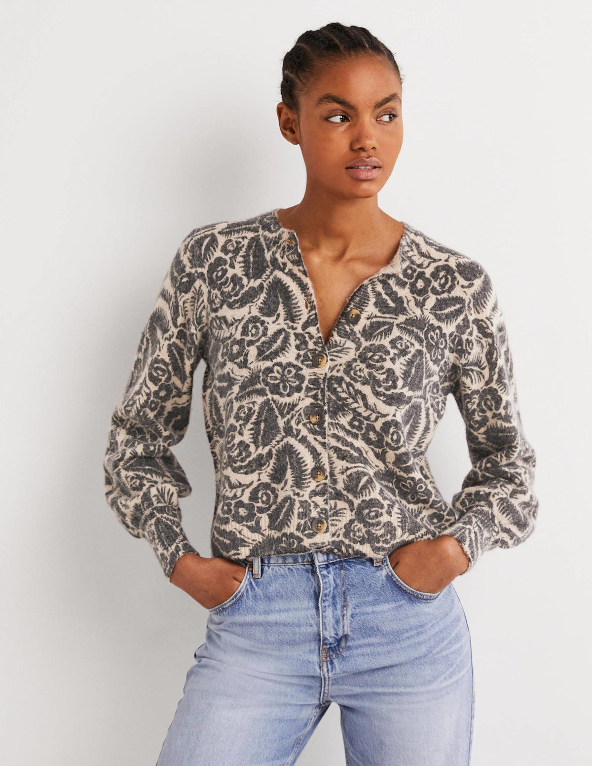 Gemusterter flauschiger Cardigan-Mausgrau/Schwarz, Garten-1