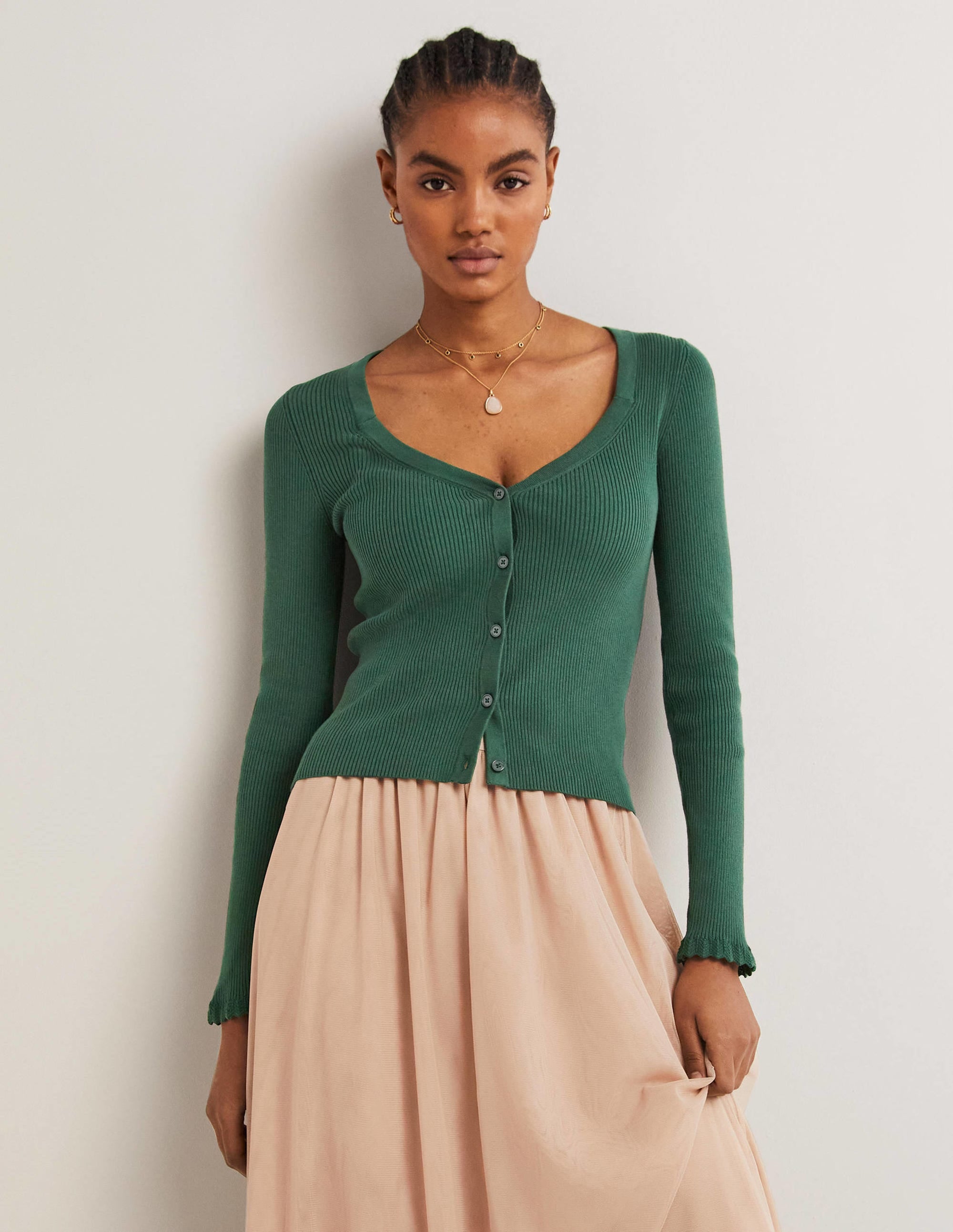 Ribbed Sweetheart Cardigan-Trekking Green - Image 1