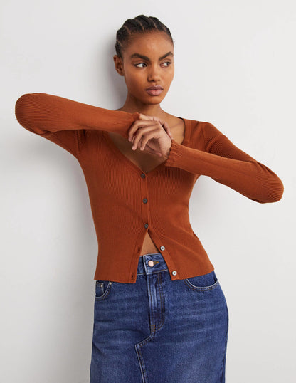 Gerippter Cardigan mit Herzausschnitt-Rostrot-4
