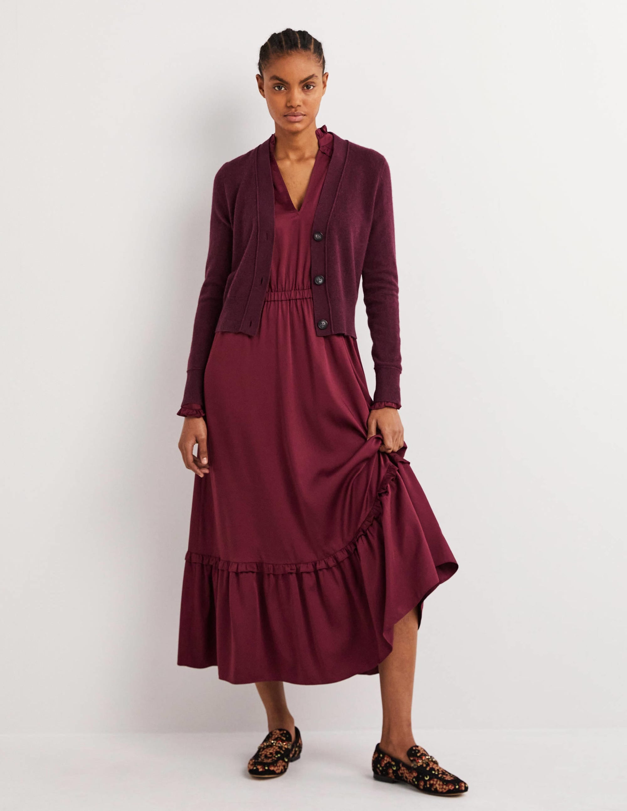 Cropped Cashmere V Cardigan-Mulled Wine Melange - Image 1