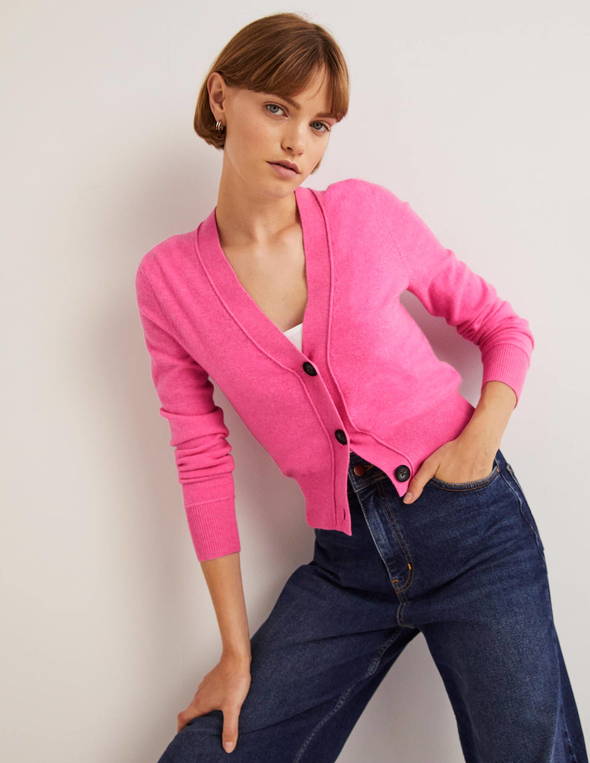Gilet à col en V en cachemire-Fleur de cerisier chiné - Image 1