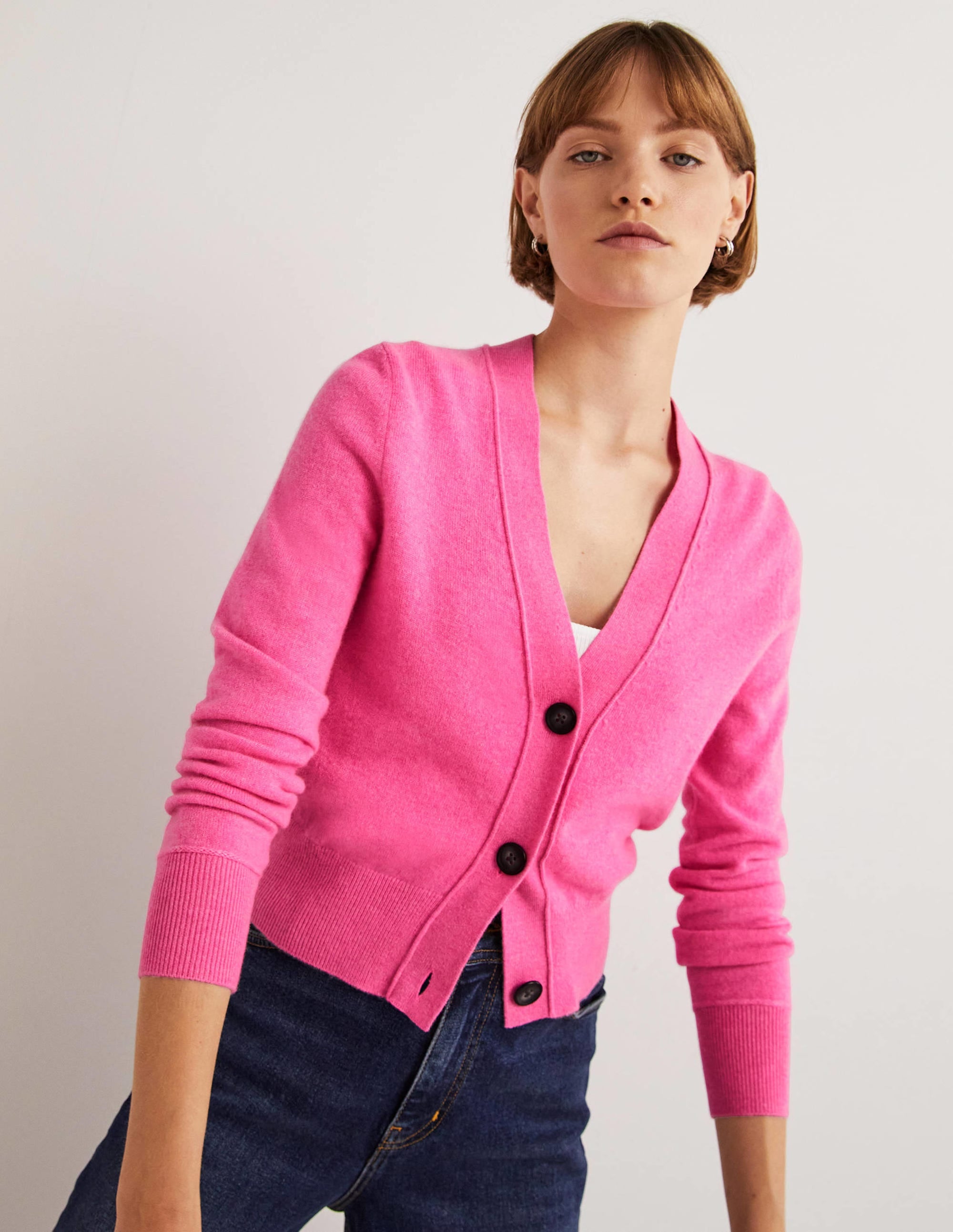Gilet à col en V en cachemire-Fleur de cerisier chiné - Image 4