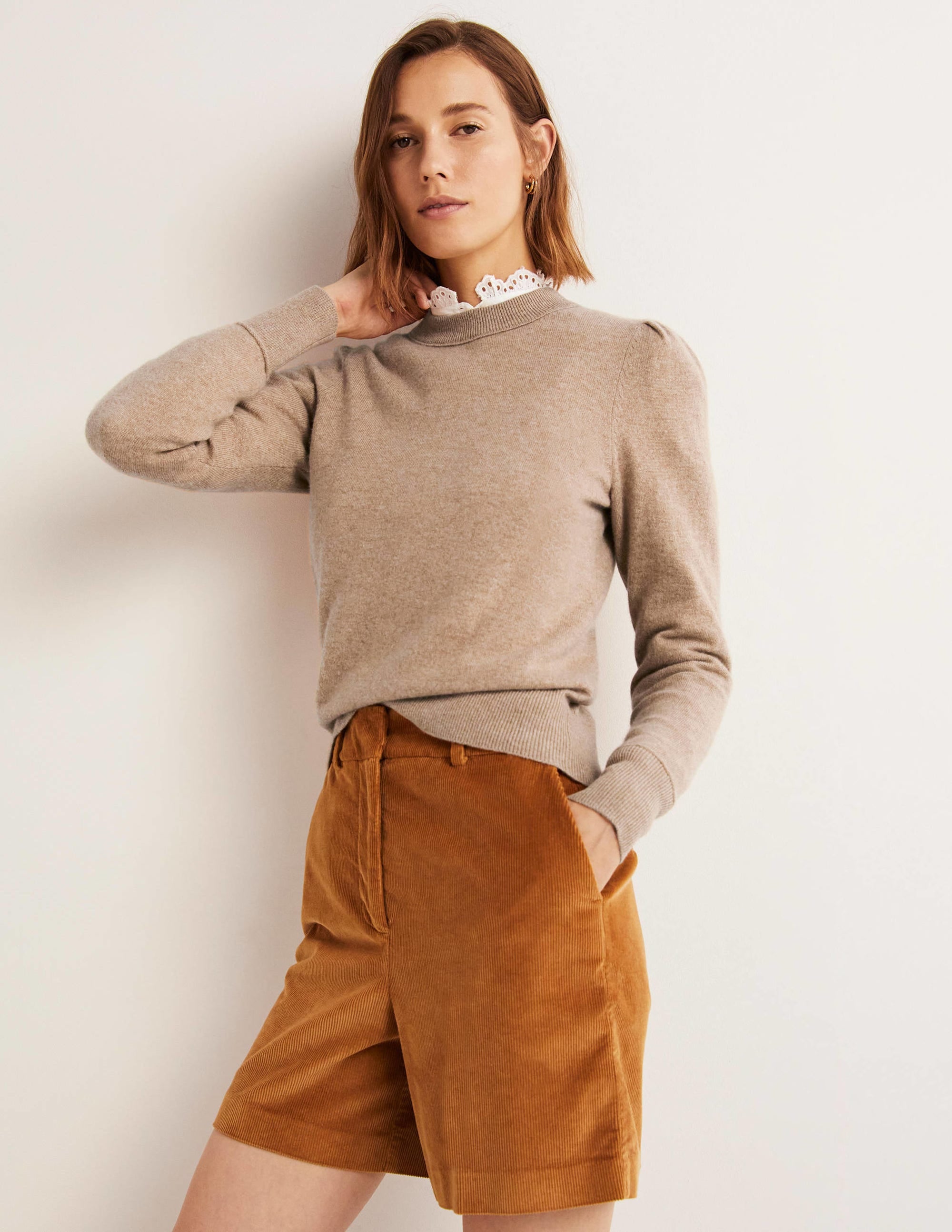 Kaschmirpullover mit Puffärmeln-Kamelbraun Melange - Image 1
