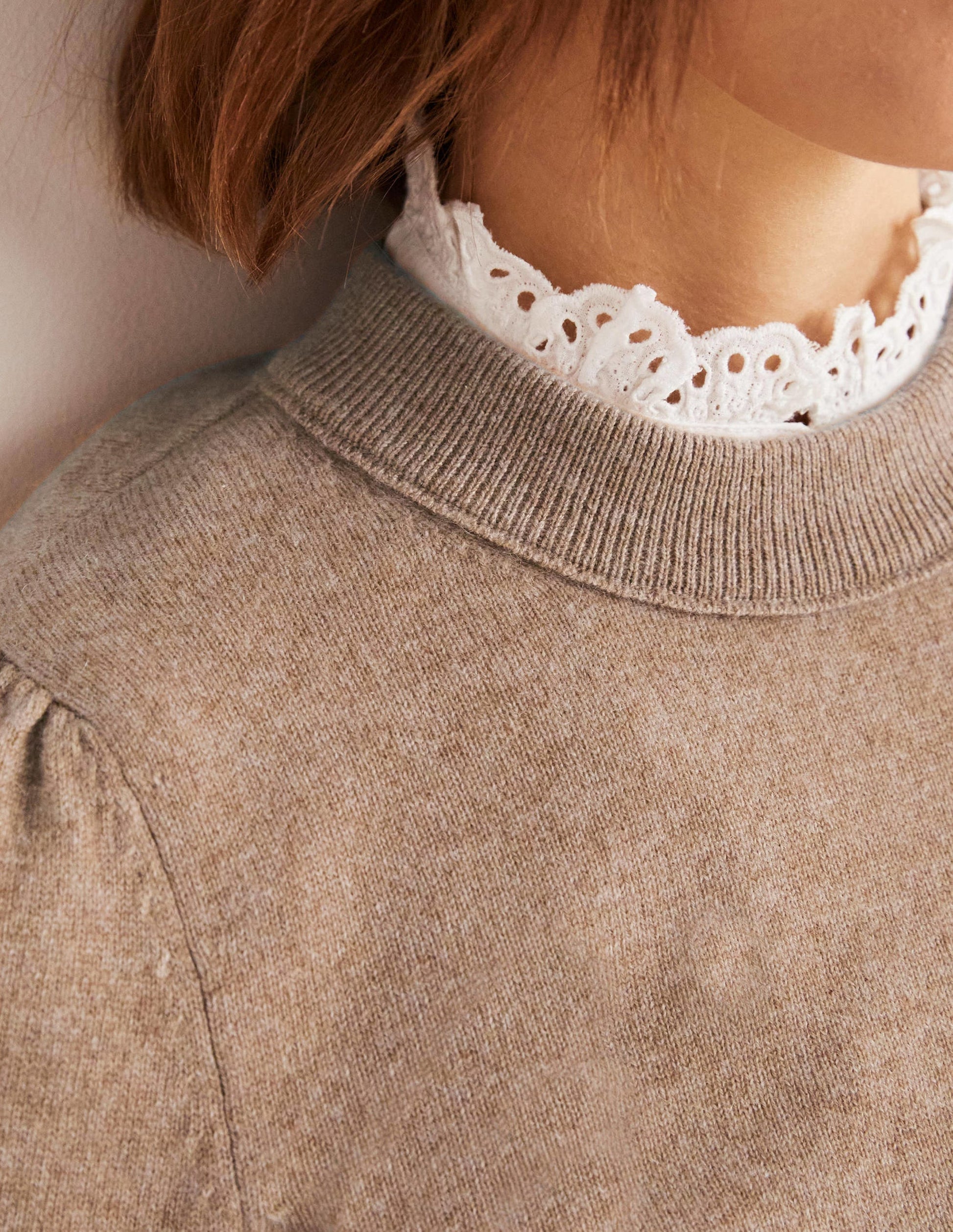 Kaschmirpullover mit Puffärmeln-Kamelbraun Melange-2