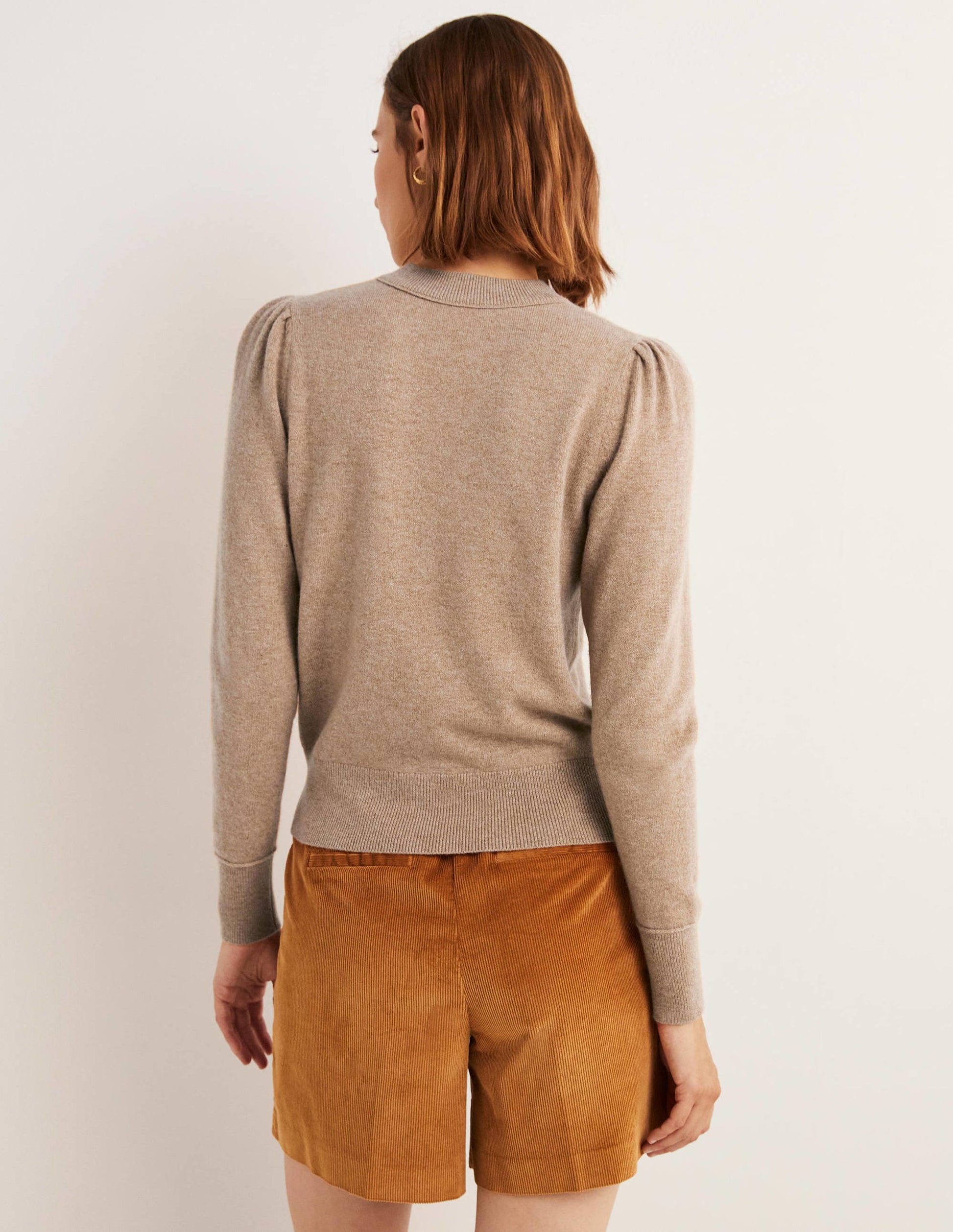 Kaschmirpullover mit Puffärmeln-Kamelbraun Melange-3