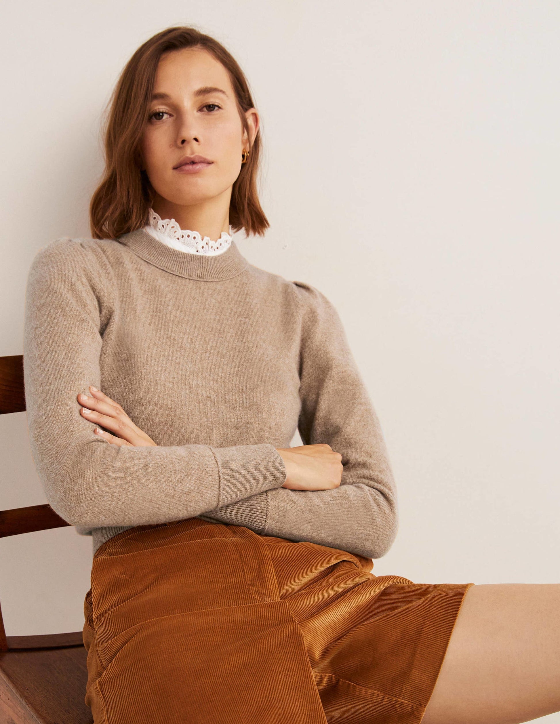 Kaschmirpullover mit Puffärmeln-Kamelbraun Melange-4