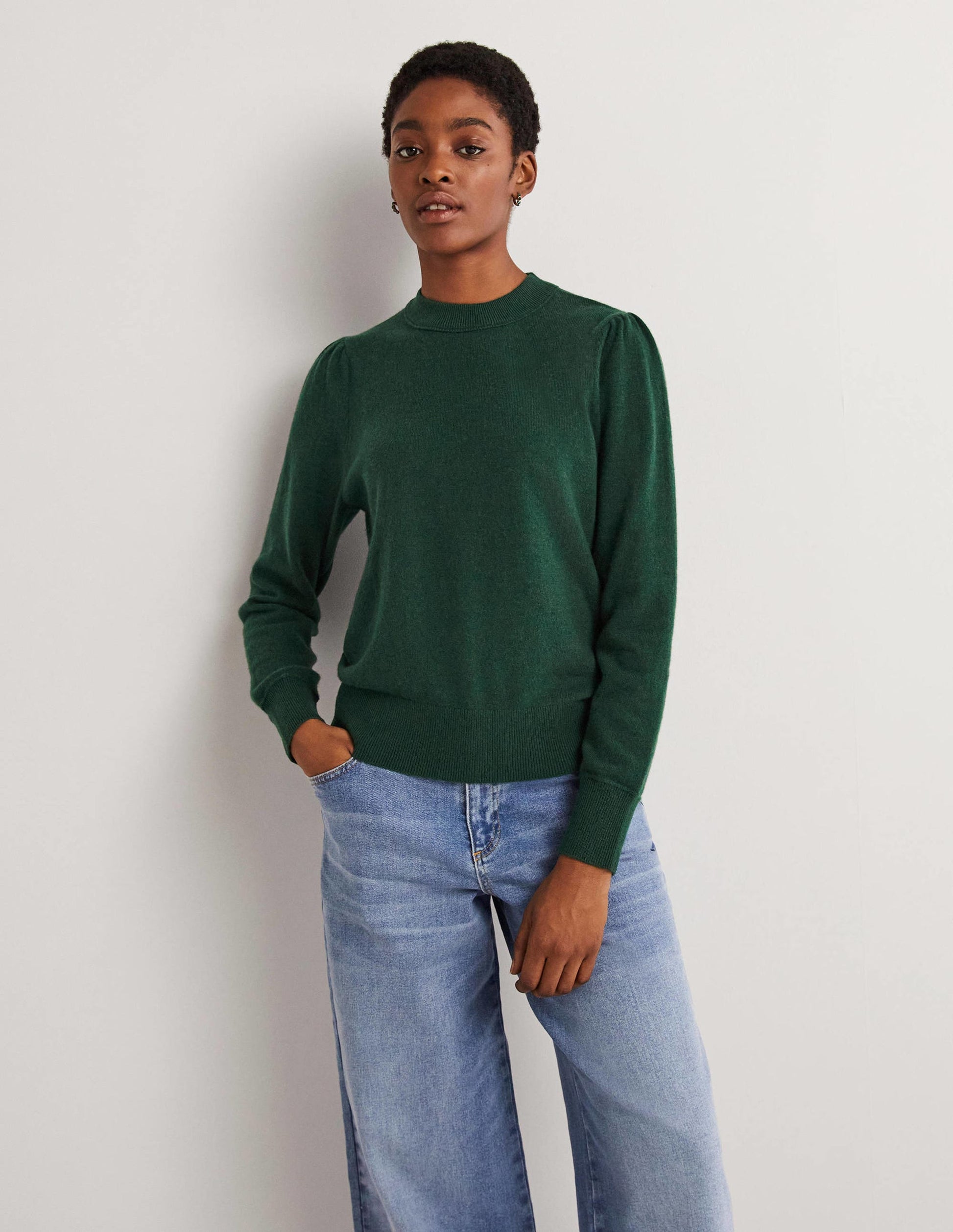 Cashmere Puff Shoulder Jumper-Hunter Green Melange-1