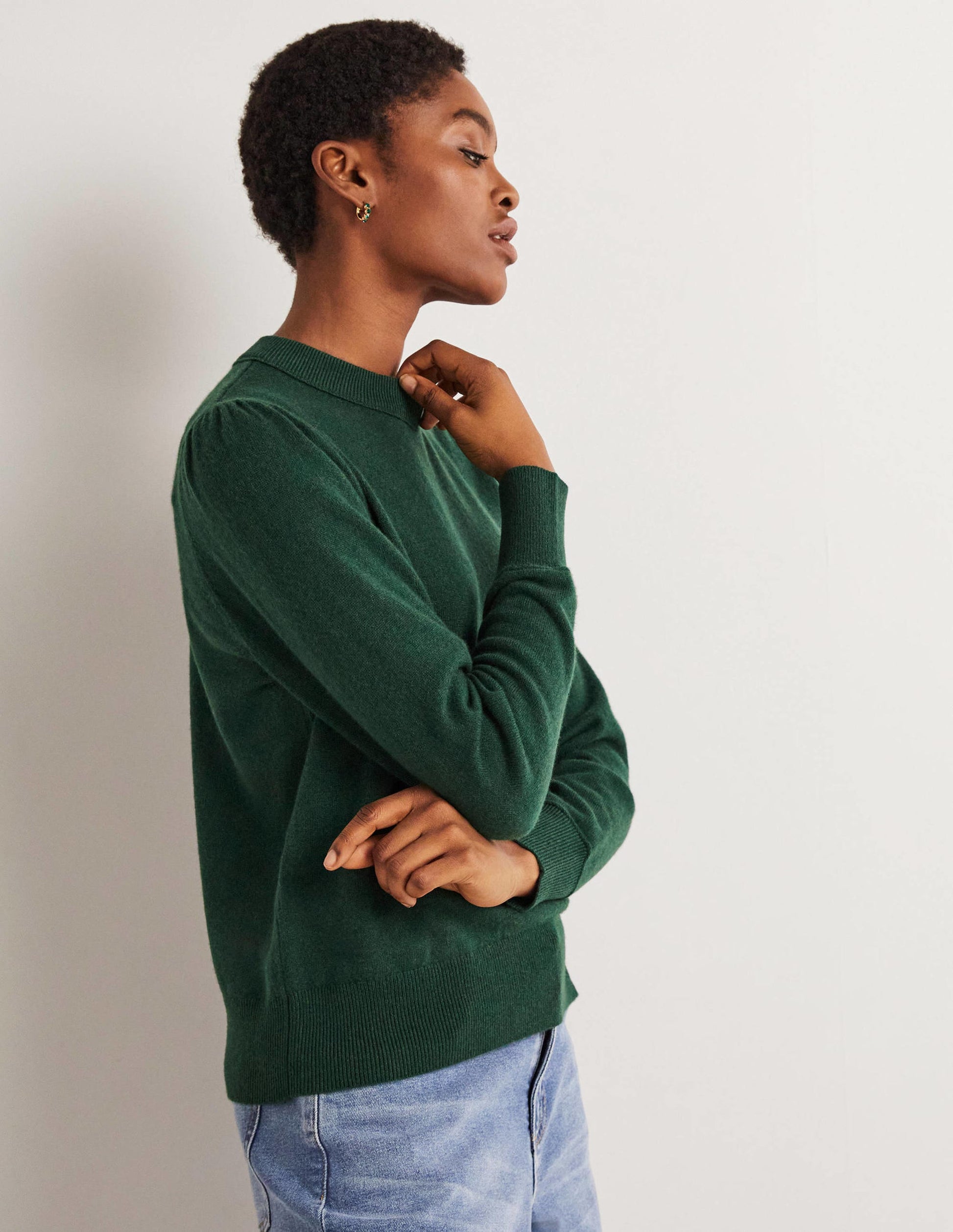 Cashmere Puff Shoulder Jumper-Hunter Green Melange-4