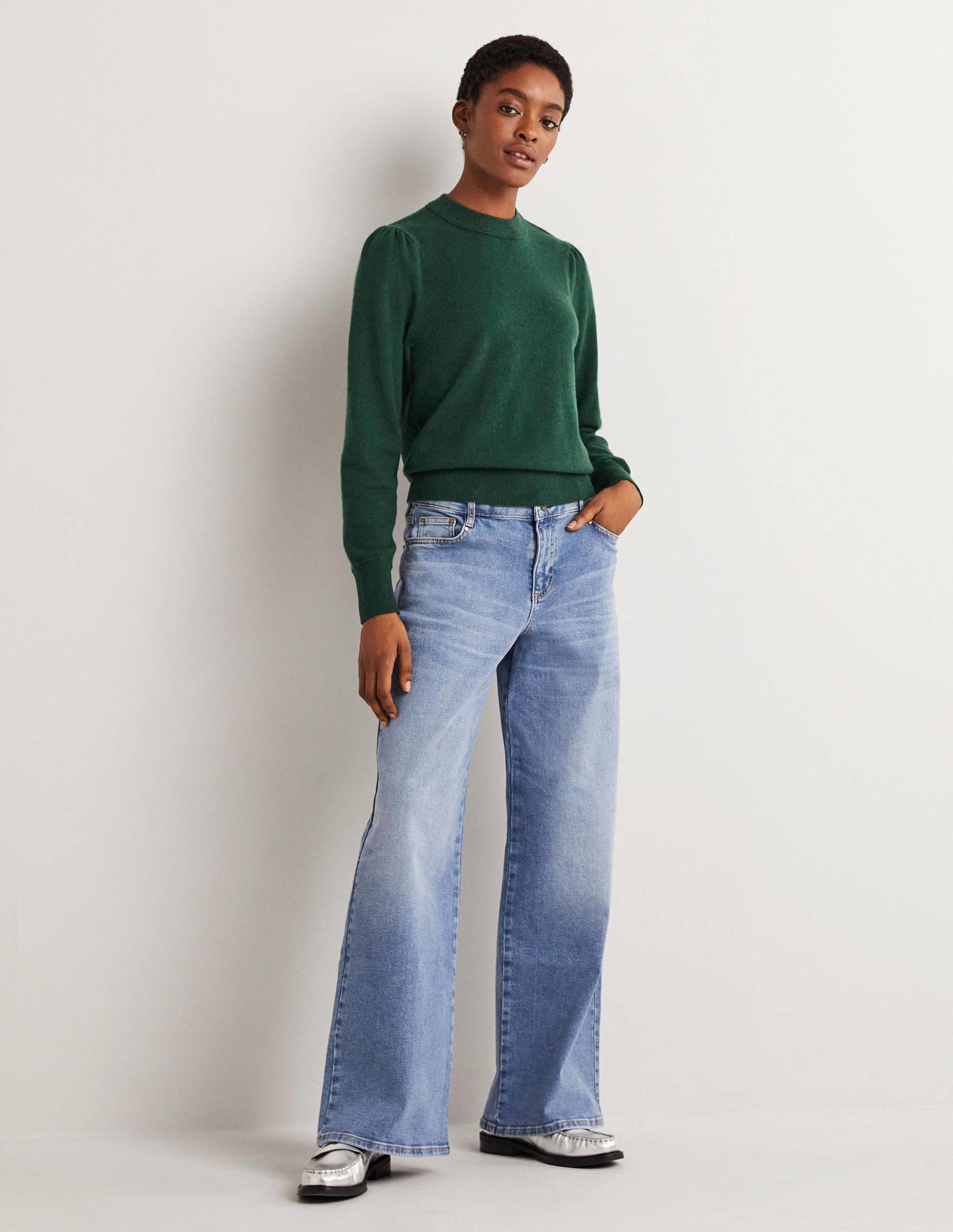 Cashmere Puff Shoulder Jumper-Hunter Green Melange-5