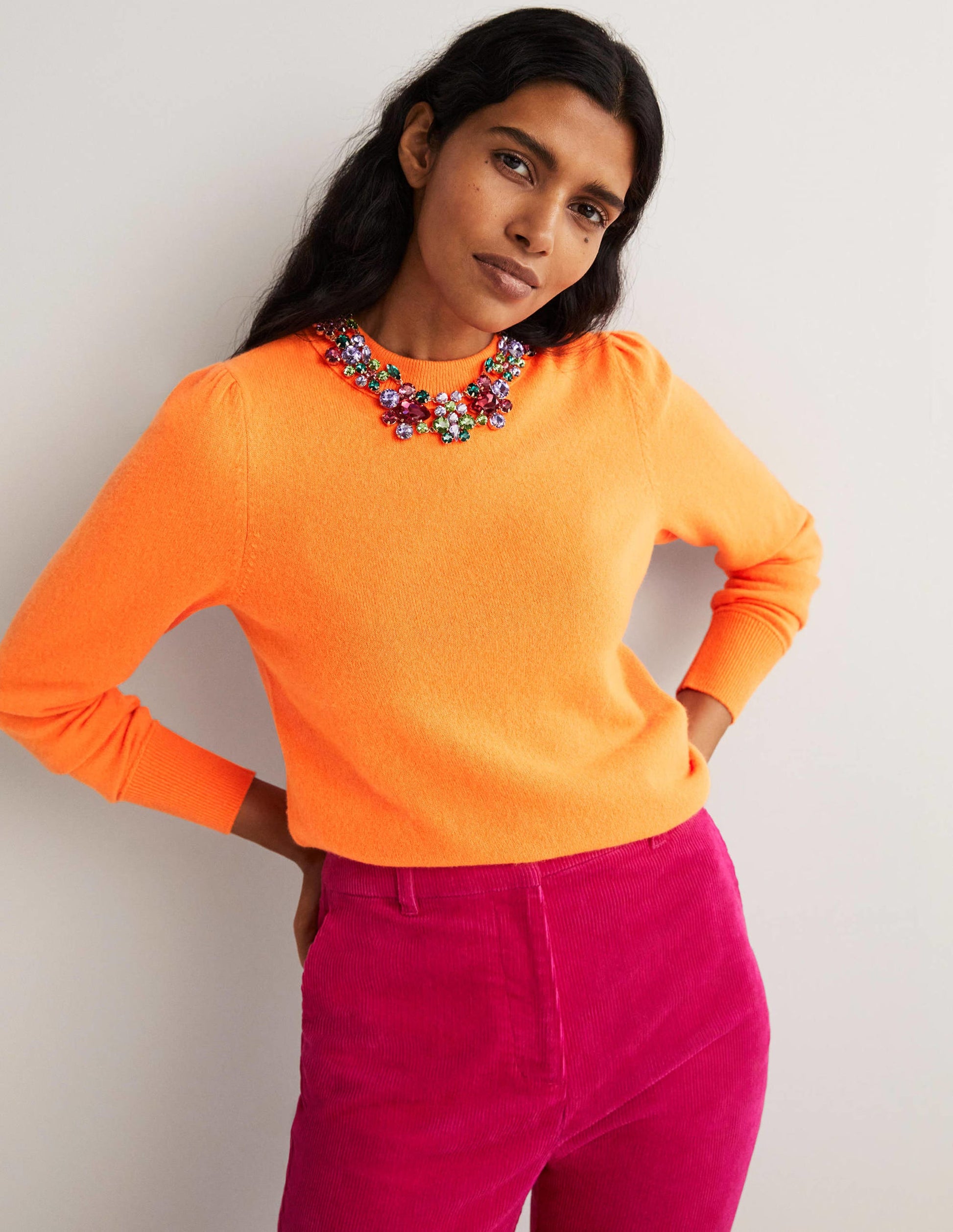 Kaschmirpullover mit Puffärmeln-Neonorange-1