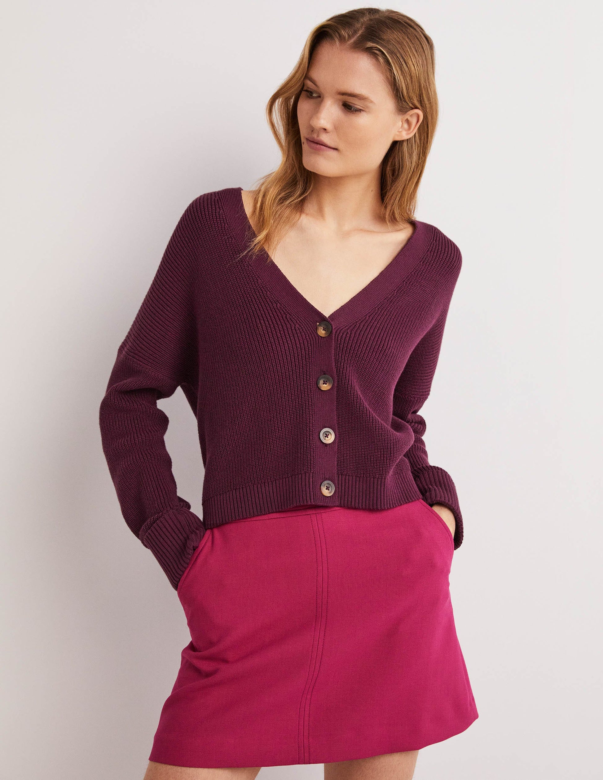 Rippstrickcardigan mit Umschlagbündchen-Beere-5