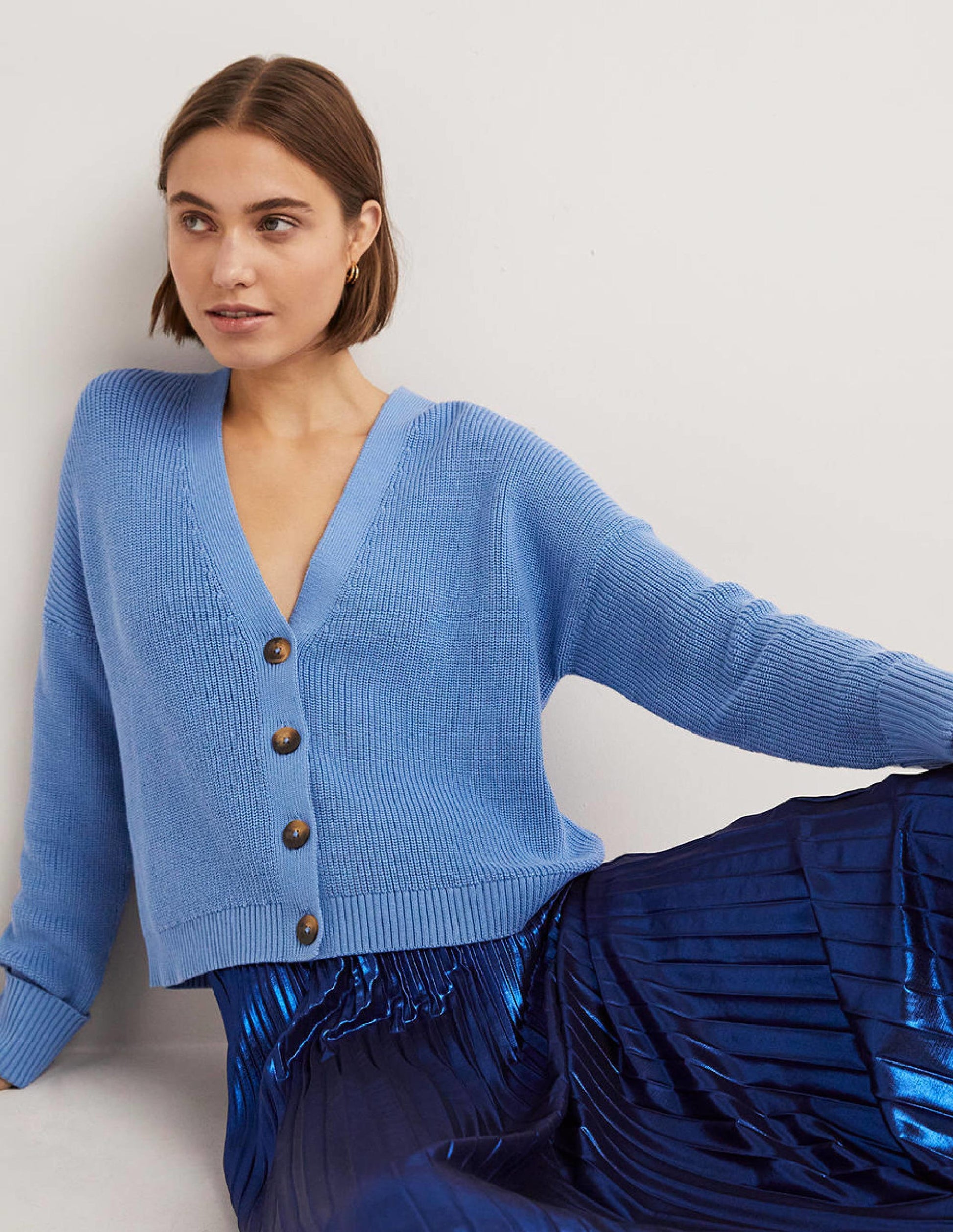 Rippstrickcardigan mit Umschlagbündchen-Rivierablau-1